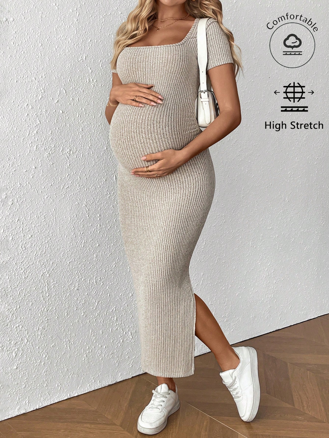 Rochie pentru gravide solidă cu gât pătrat și mânecă scurtă, croială laterală rochie casual