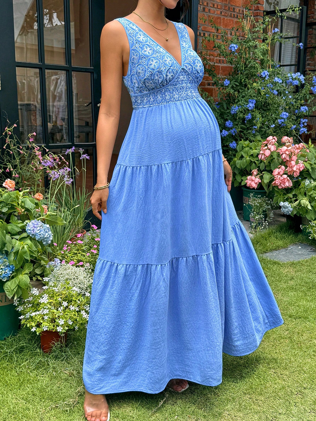 Rochie de maternitate stil de vacanță de vară broderie patchwork gât în V tiv împletit rochie fără mâneci rochie de maternitate sundress albastru rochie de maternitate rochie de maternitate photoshoot rochie de maternitate baby shower rochie de maternitate rochii de vară pentru vacanță