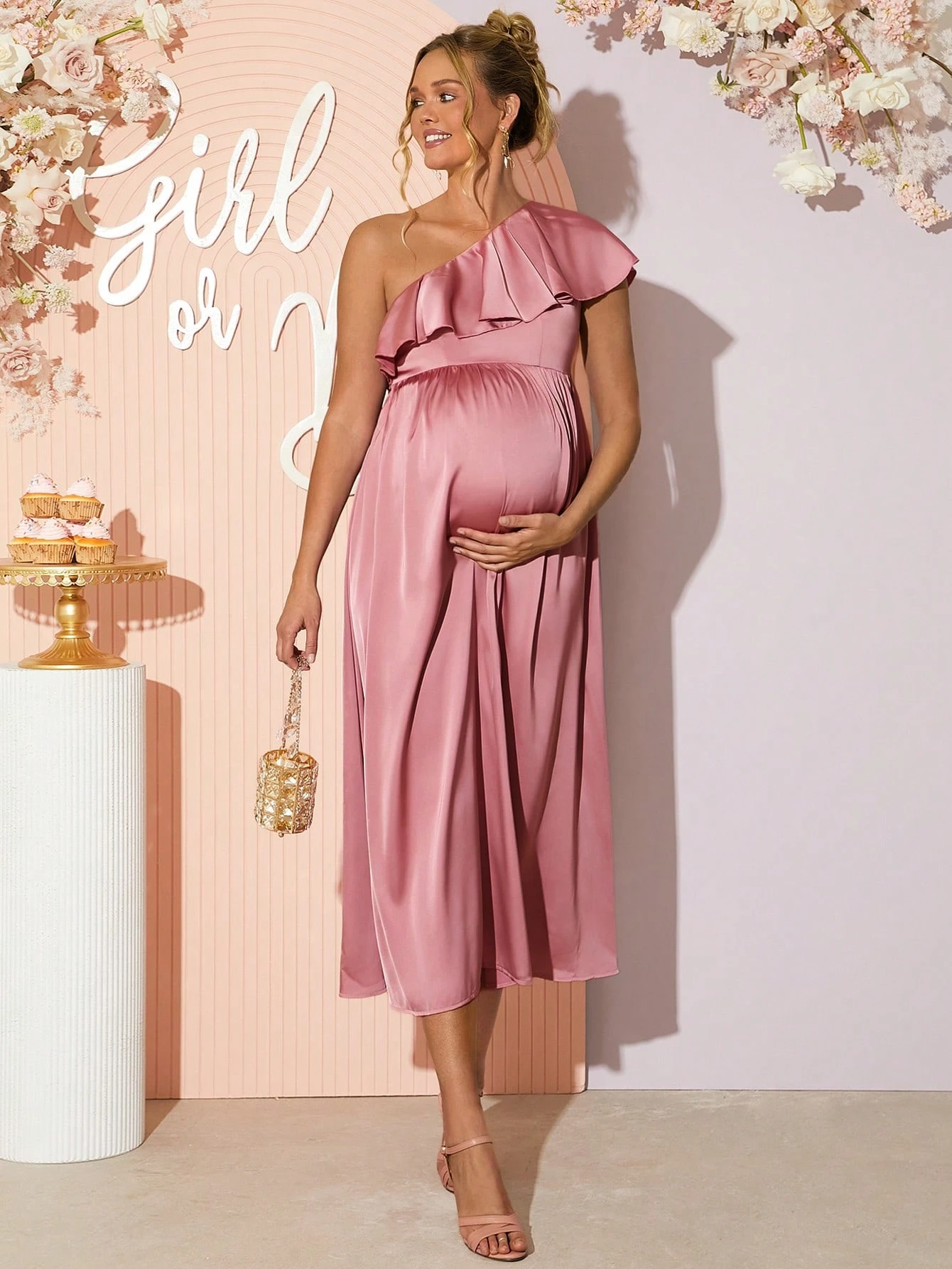Elegant guler asimetric culoare solidă rochie de petrecere de maternitate, sex dezvăluie rochie, rochie de duș pentru copii, rochie de maternitate