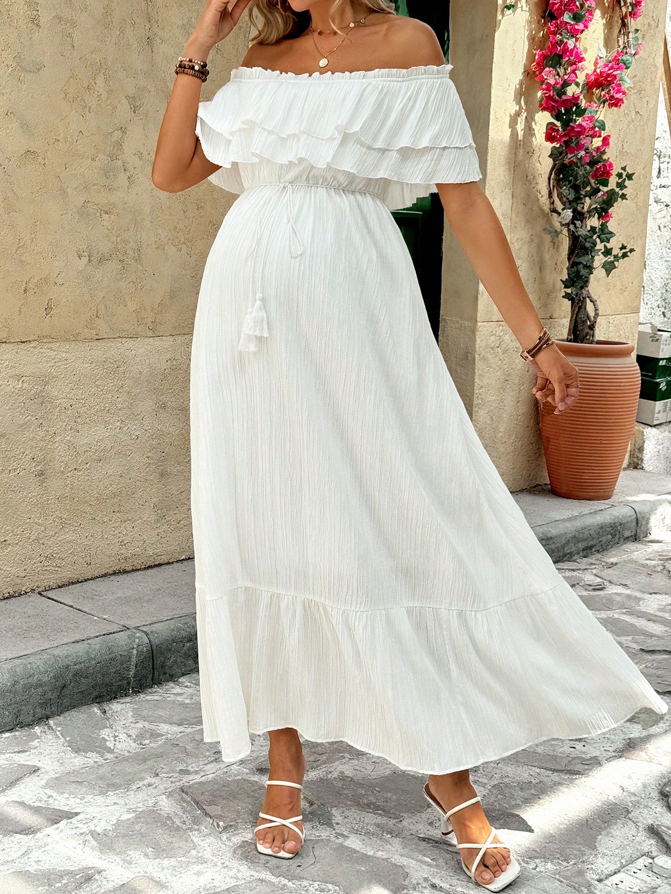 Femei însărcinate vacanță culoare solidă volan off shoulder rochie elegantă volan rochie albă femei rochie maxi rochie de vacanță femei rochie de vară rochie albă femei rochie albă femei vacanță de vară rochie albă de absolvire rochie de maternitate