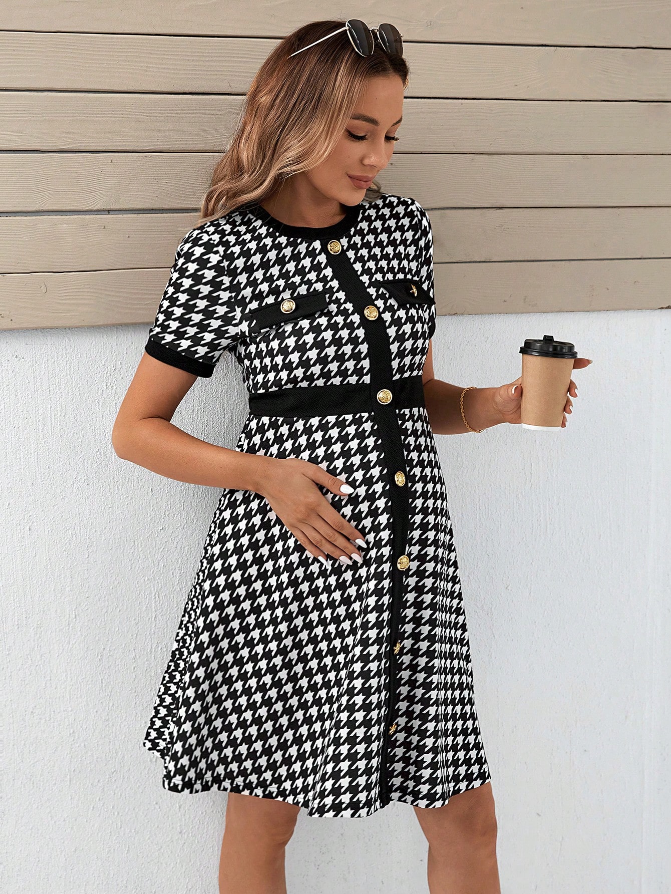 Rochie pentru gravide cu imprimeu houndstooth rochie cu nasturi în față