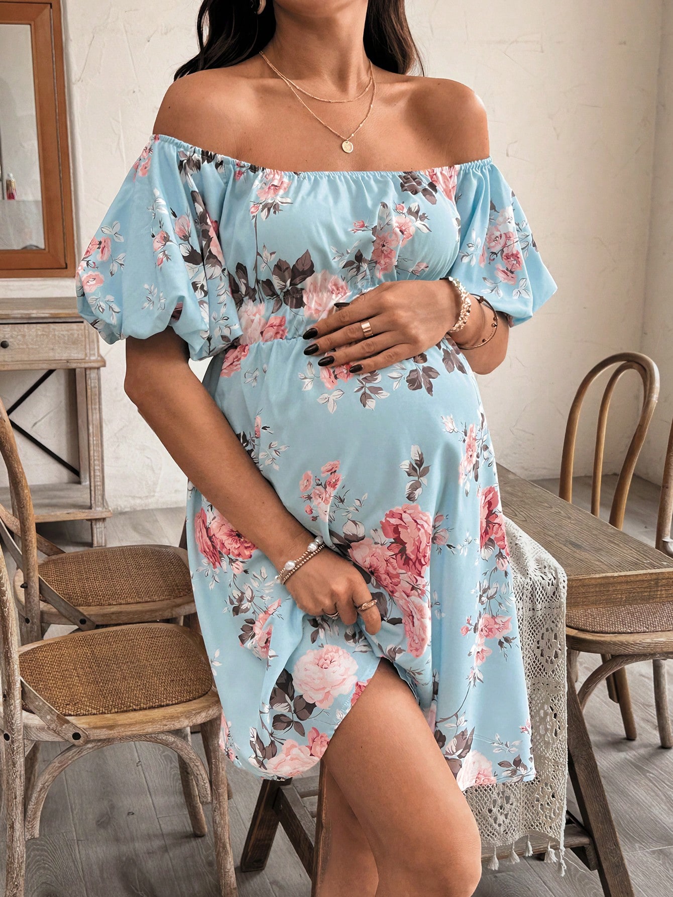 Rochie pentru gravide cu imprimeu floral, rochie midi fără umeri, vară