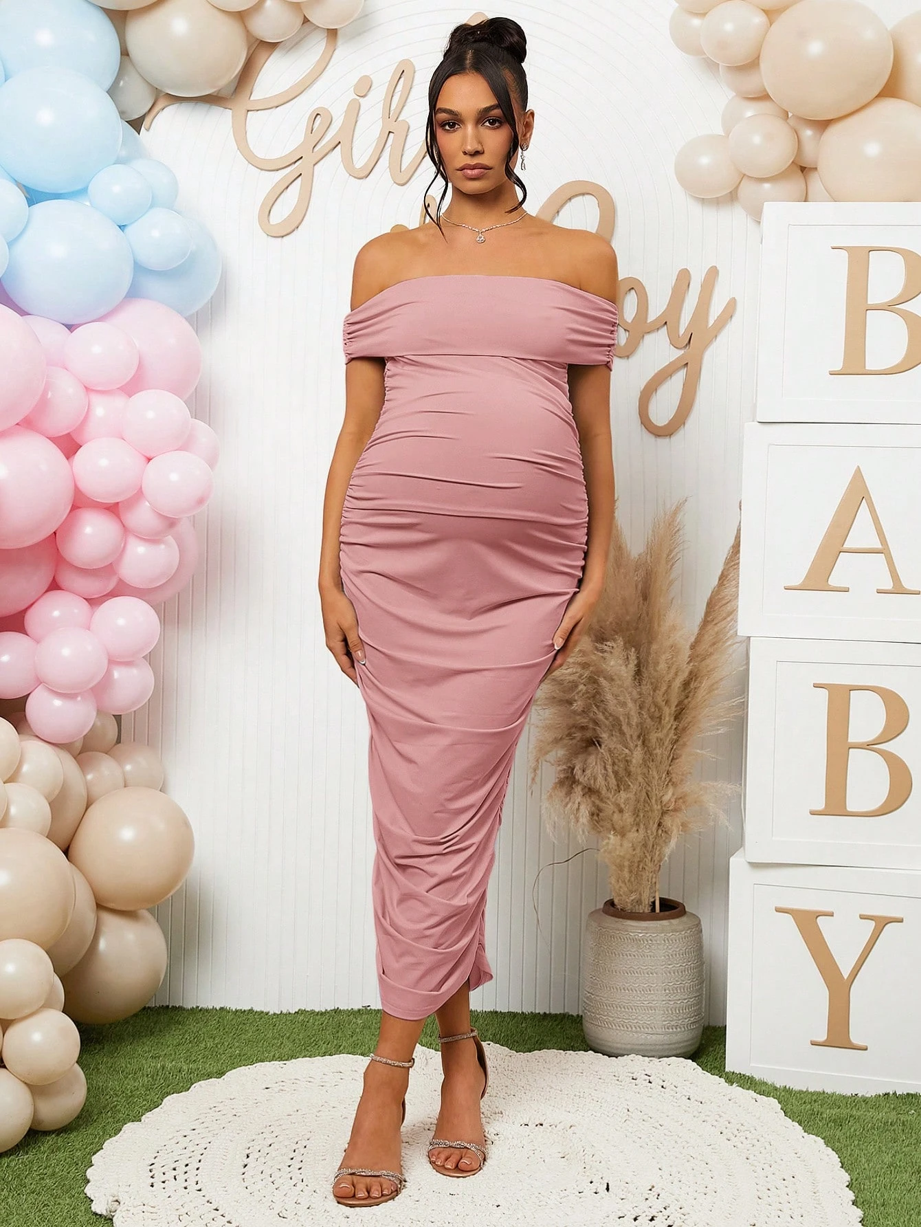 Rochie bodycon elegantă de maternitate de culoare solidă fără umeri cu volane, de vară