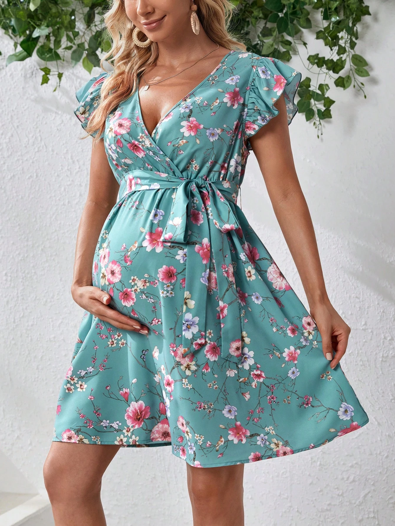 Rochie pentru gravide cu imprimeu floral, cu mâneci bufante și centură