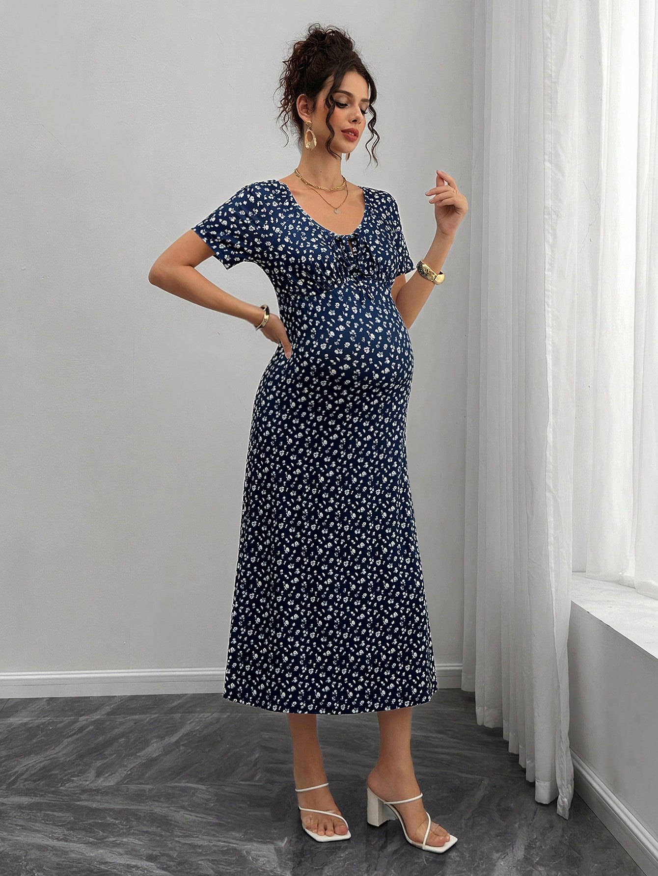 Kismama ditsy virágos virágos nyakkendő elöl rövid ujjú elegáns ruha a nyaraláshoz