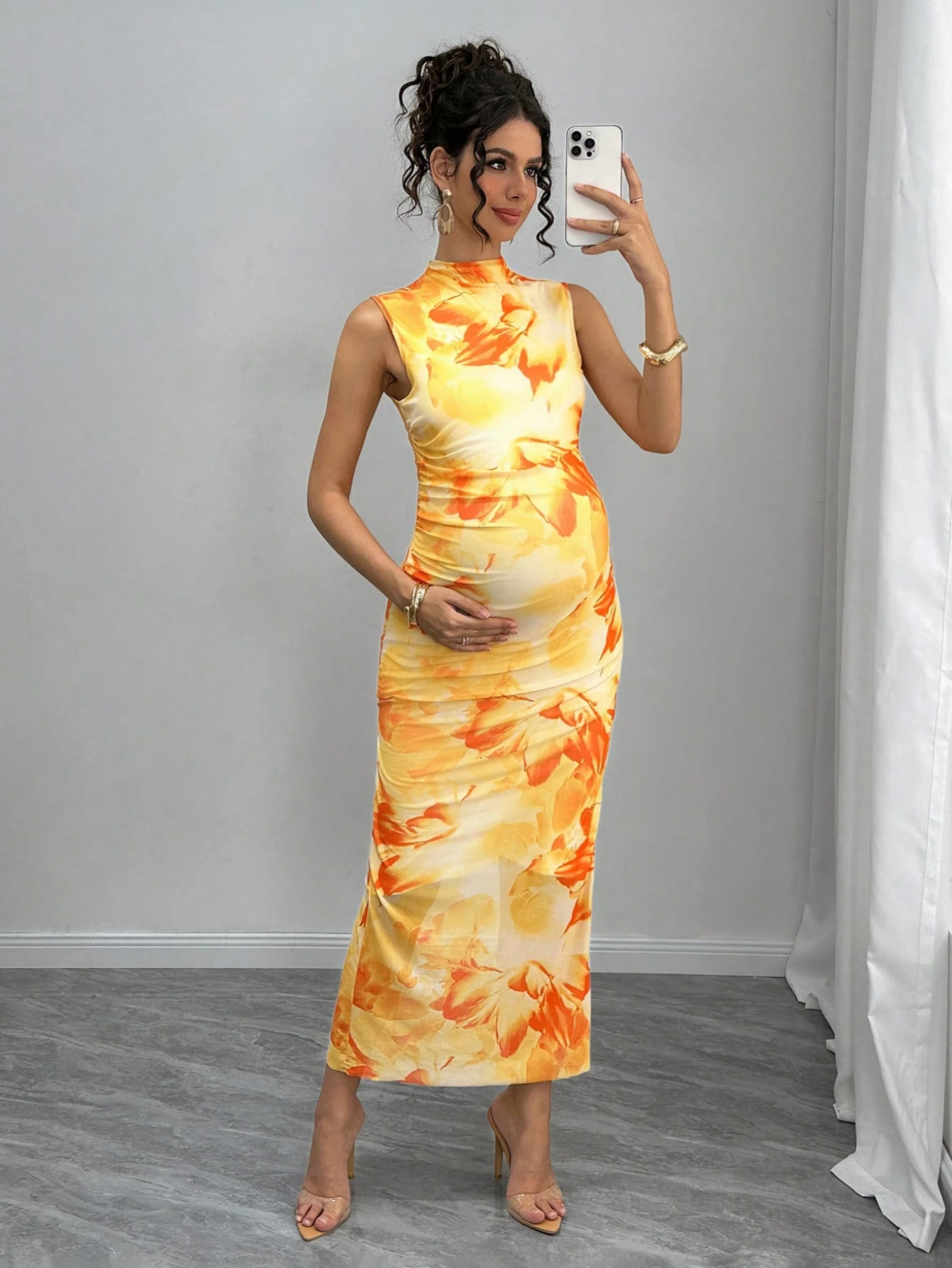 Rochie din plasă imprimată cu fantă laterală, fără mâneci, rochie de maternitate mulată