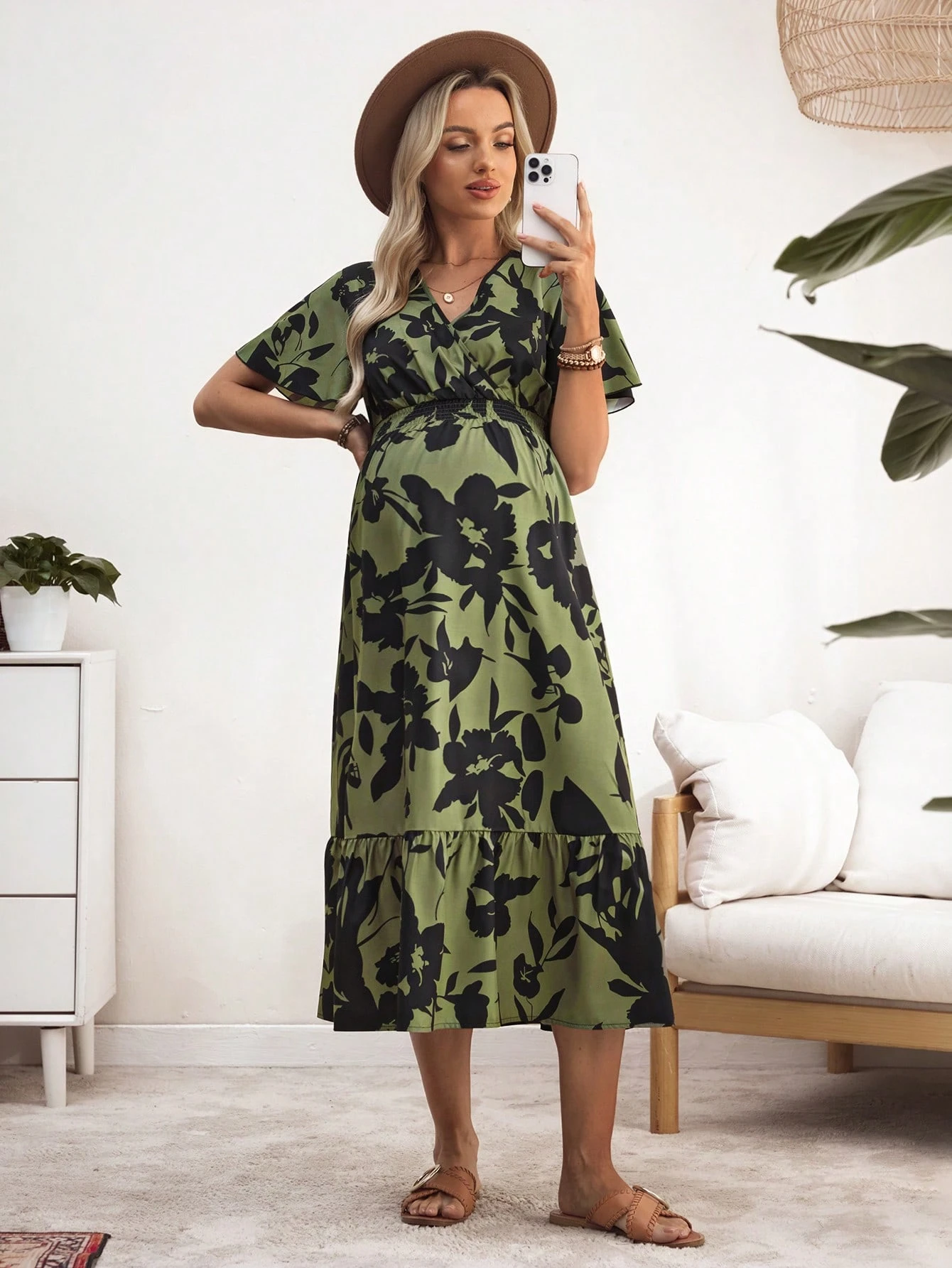 Rochie de vacanță casual cu mâneci cu volane și imprimeu floral pentru femei însărcinate