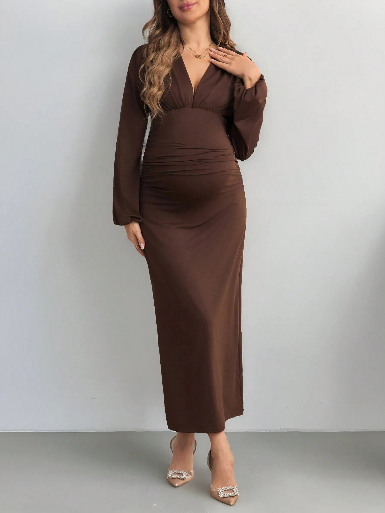 Maternitate baby shower rochie pentru femei cu mâneci de culoare solidă cu decolteu în V rochie plisată