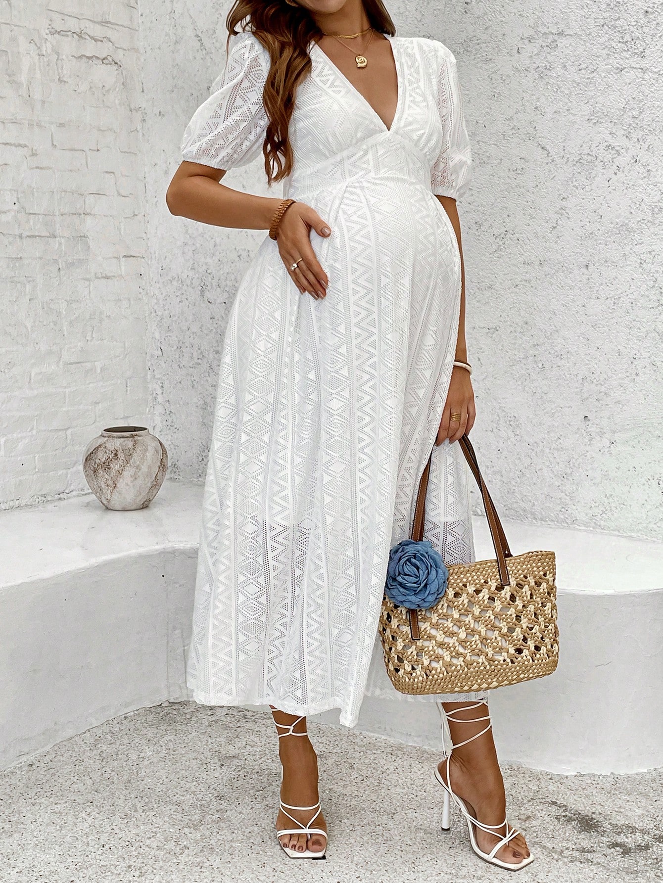Femei gravide gol geometric v-neck puff maneca rochie elegantă ținute de vară rochie de maternitate pentru femei