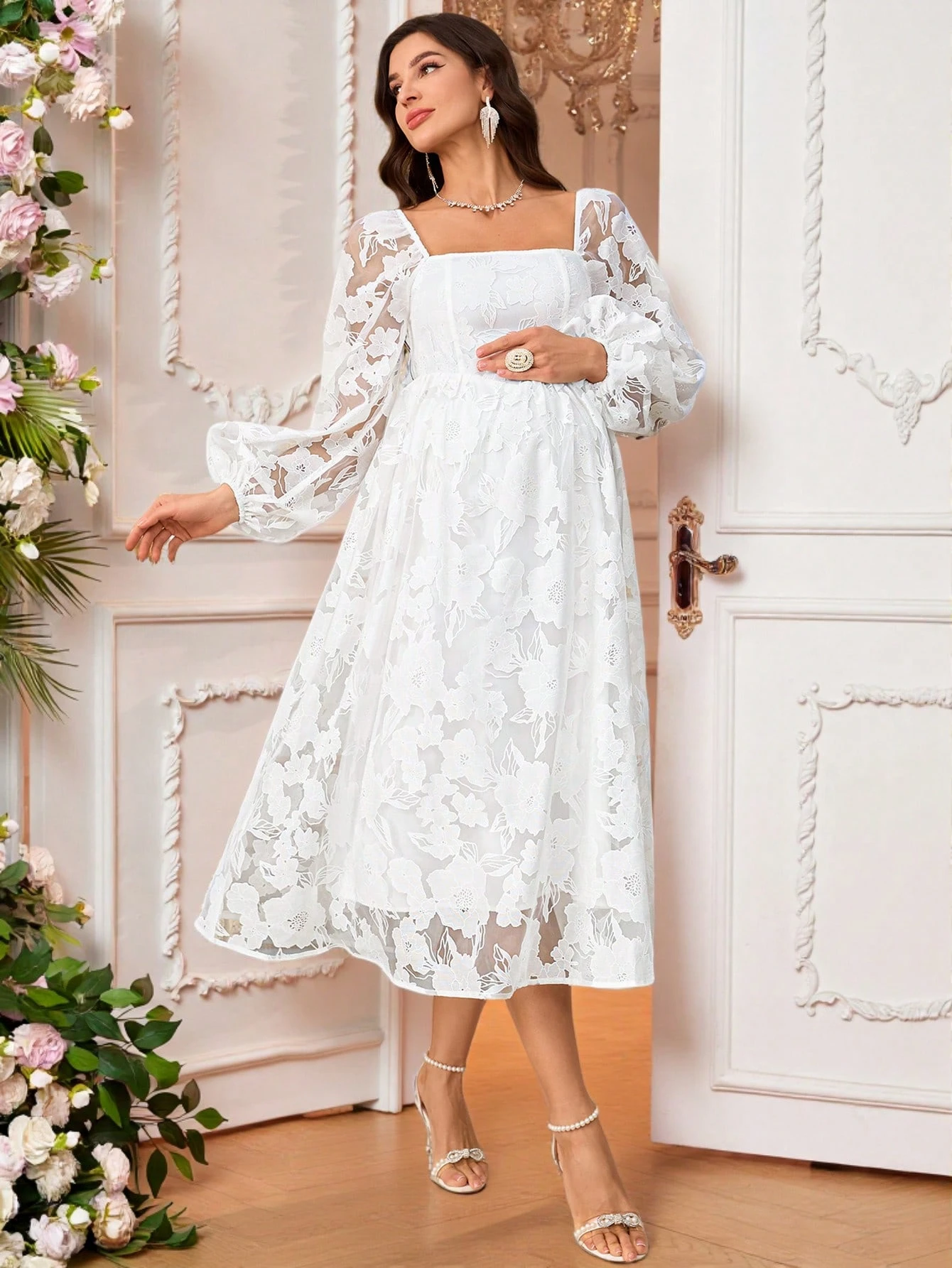 Femei gravide jacquard floral plasă v-neck maneca lanternă rochie elegantă de maternitate baby shower maternitate rochii maxi rochii classy outfits fairycore