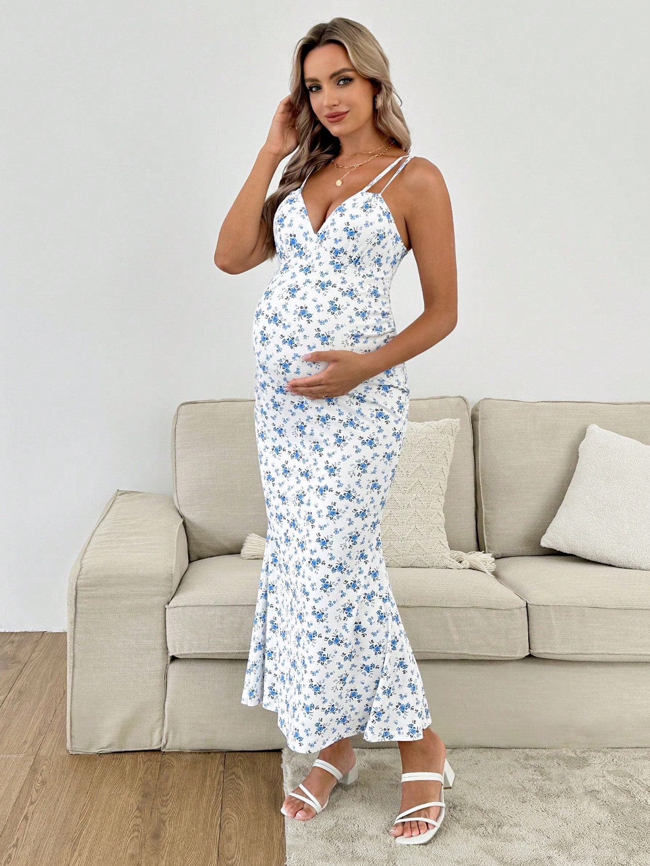 Rochie de soare pentru gravide cu imprimeu floral Ditsy, cu bretele spaghetti, elegantă