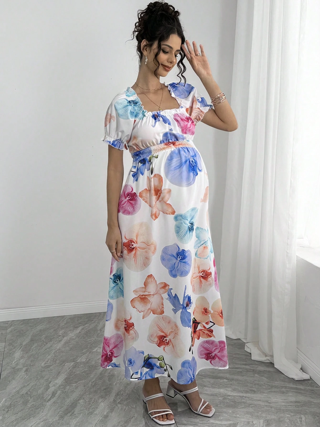 Rochie elegantă cu mâneci bufante și gât tip barcă cu imprimeu floral pentru maternitate pentru vacanța de vară