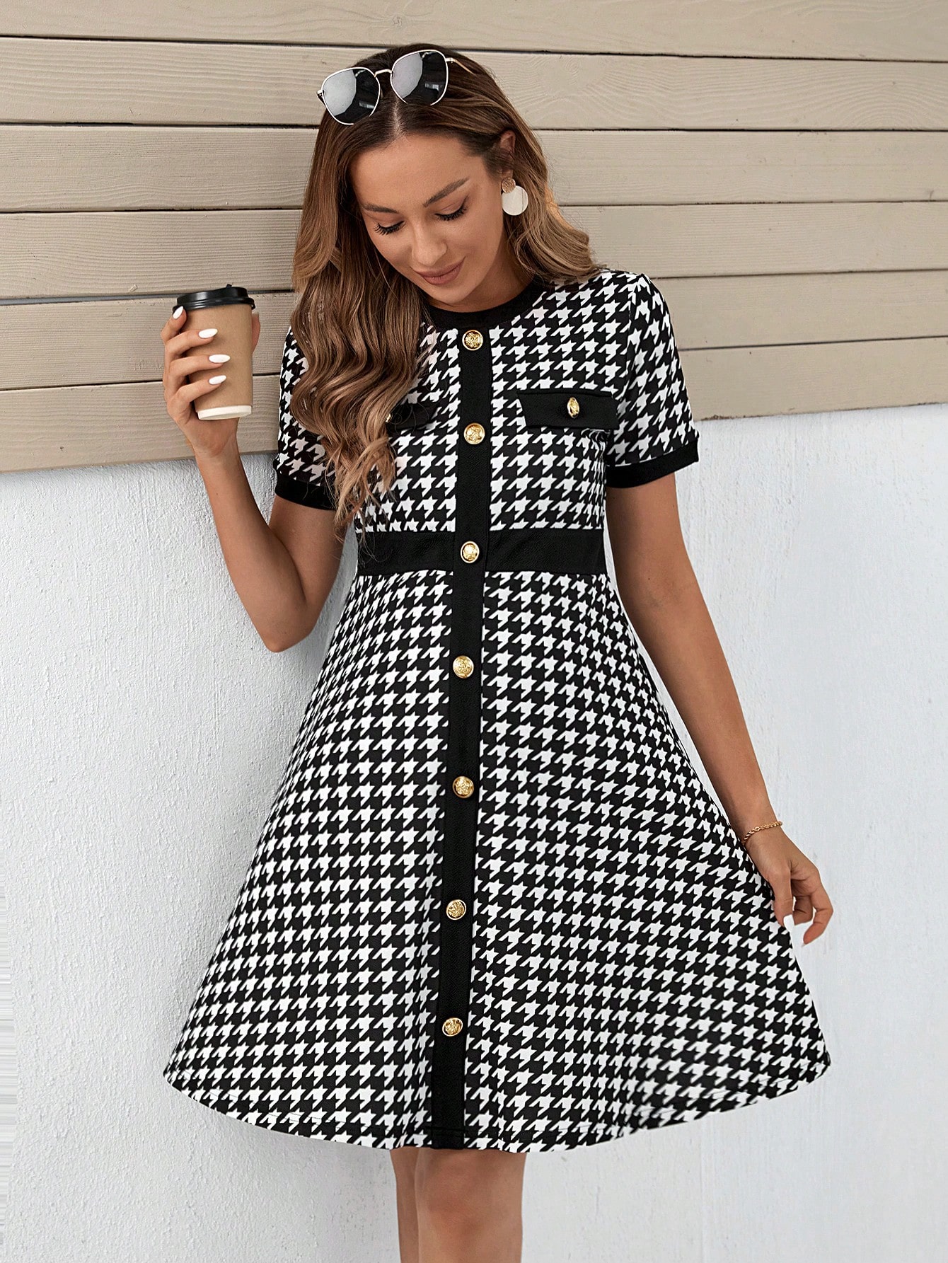 Rochie pentru gravide cu imprimeu houndstooth rochie cu nasturi în față
