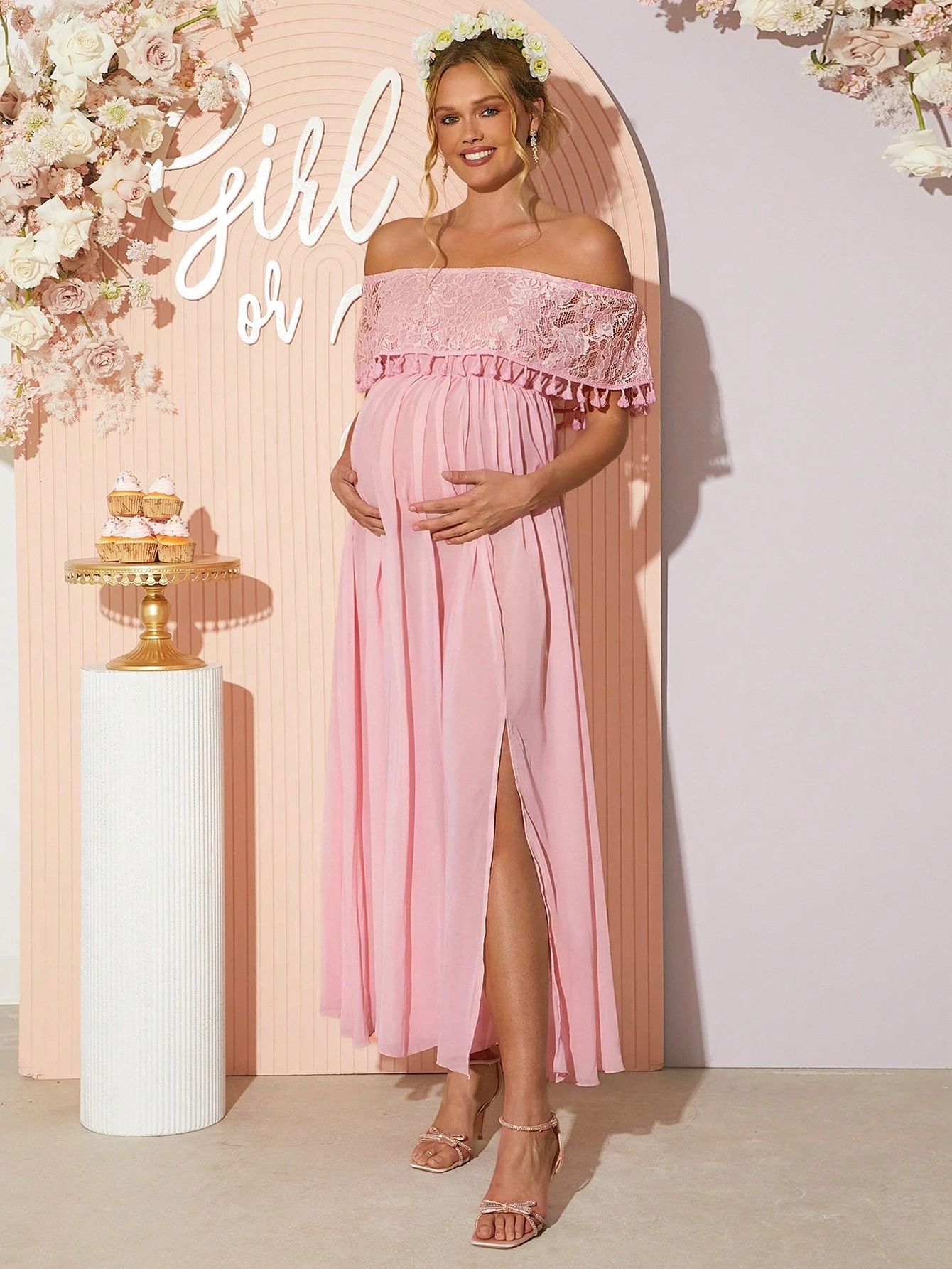 Rochie de maternitate elegantă de dantelă de contrast cu volane off-shoulder pentru femei însărcinate, rochie de dezvăluire a genului, rochie de duș pentru copil, rochie de maternitate