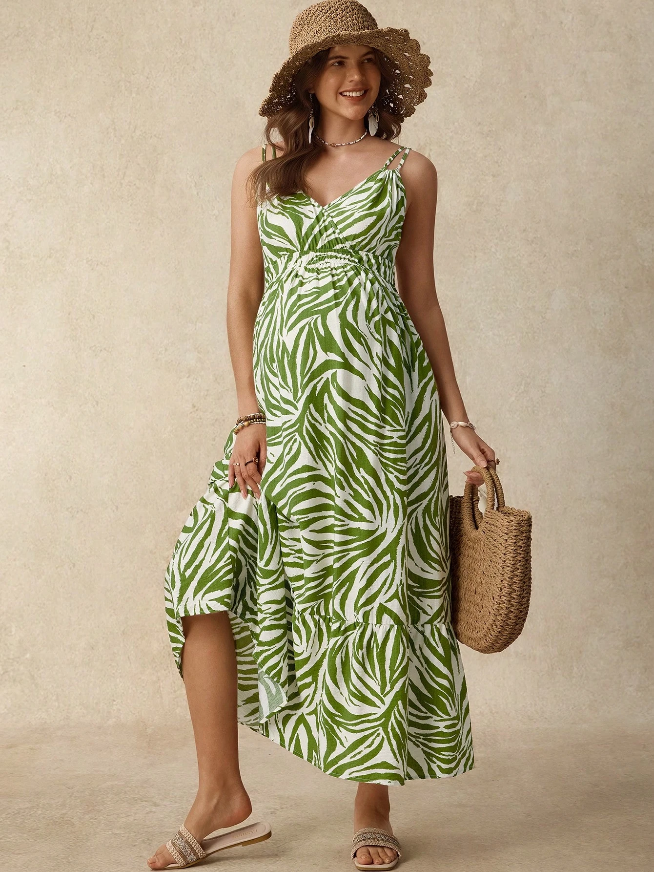 Boho mama mammakjole barselsferie casual all-over print spaghettistroppkjole sommerkjole mammakjole damekjole sommerkjole damekjole ferie ferieantrekk