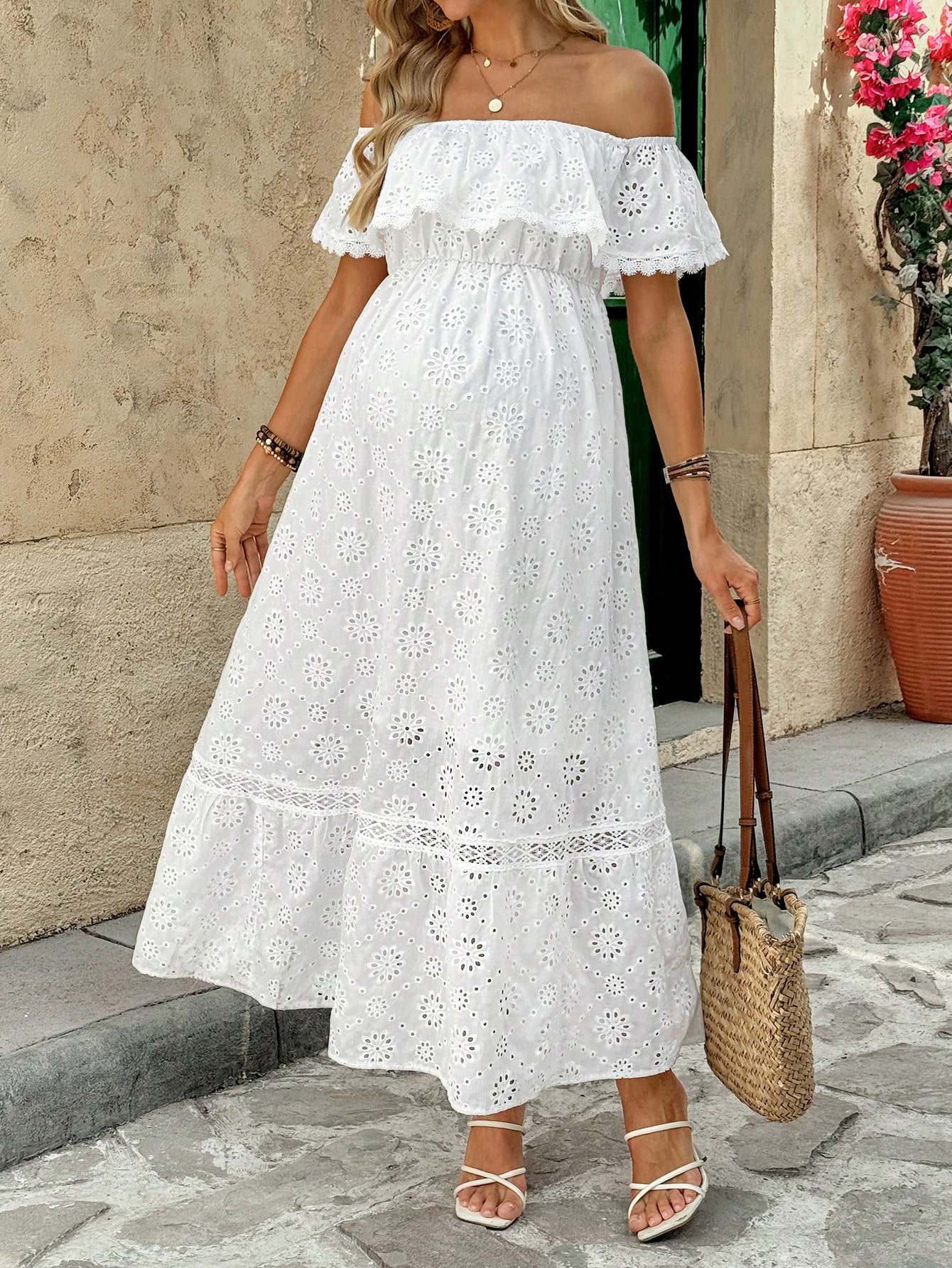 Mammakjole off shoulder hul ut broderi lang kjole ruffle ferie baby shower barselkjole mammakjole kvinners sommerkjole hvit kjole vevd broderi ferie hvit konfirmasjonskjole