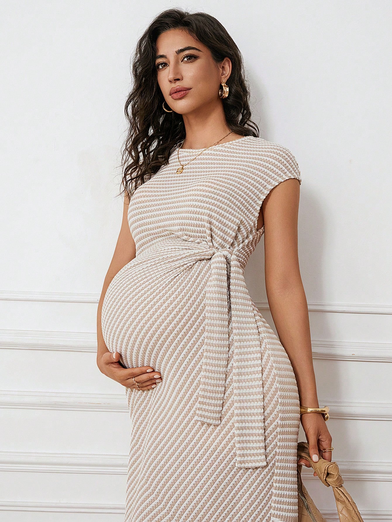 Maternity striped round neck raglan sleeve side tie waist bodycon dress waist tie striped maternity dress arbeidskjoler for kvinner arbeid/kontor