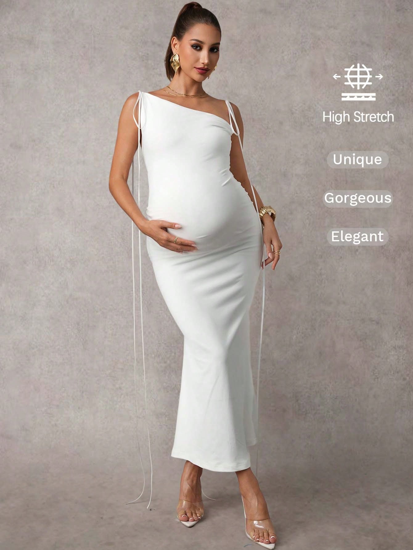 Elegant ensfarget asymmetrisk barselkjole med fiskehale i halsen, sommerkjole for bryllupsgjester, bursdagskjole for gravide, hvit barselkjole med slips