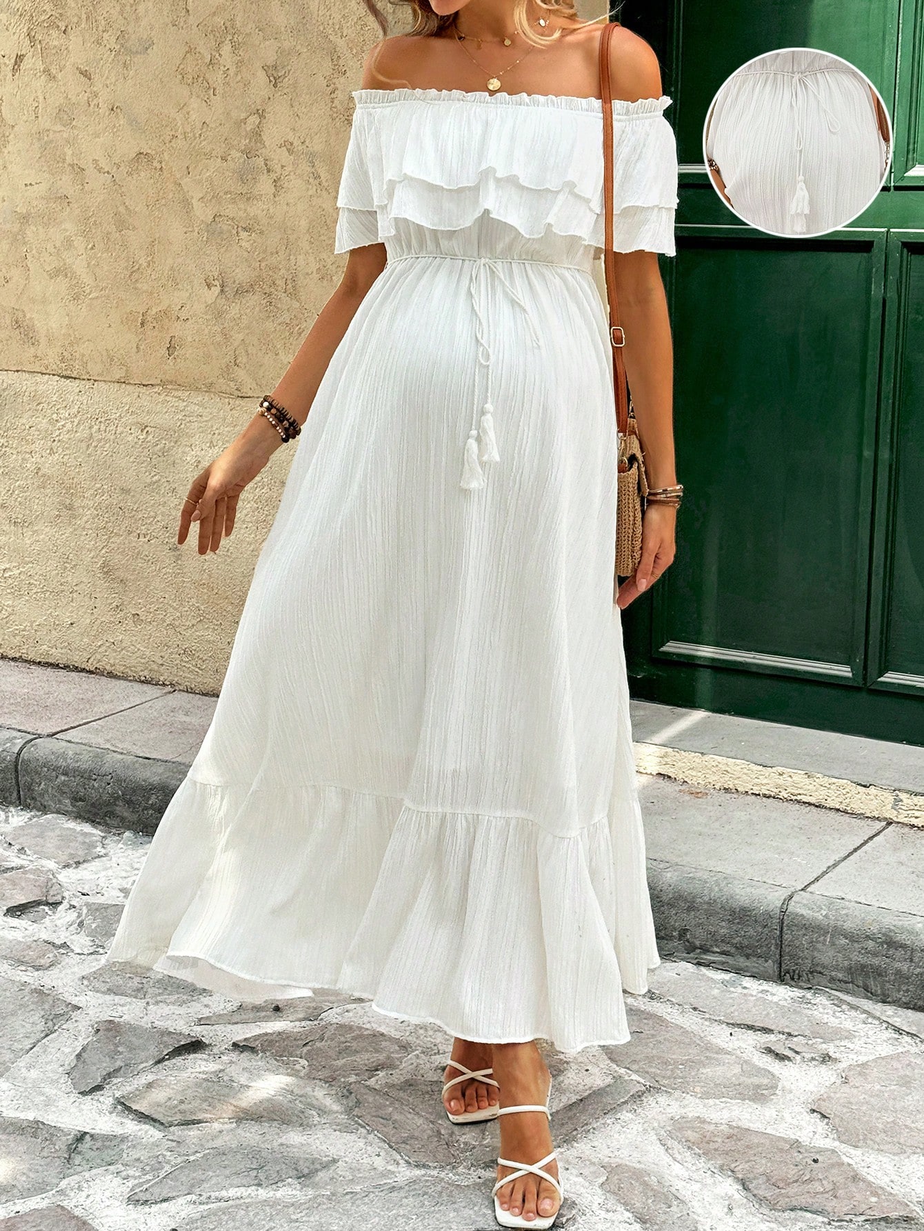 Femei însărcinate vacanță culoare solidă volan off shoulder rochie elegantă volan rochie albă femei rochie maxi rochie de vacanță femei rochie de vară rochie albă femei rochie albă femei vacanță de vară rochie albă de absolvire rochie de maternitate