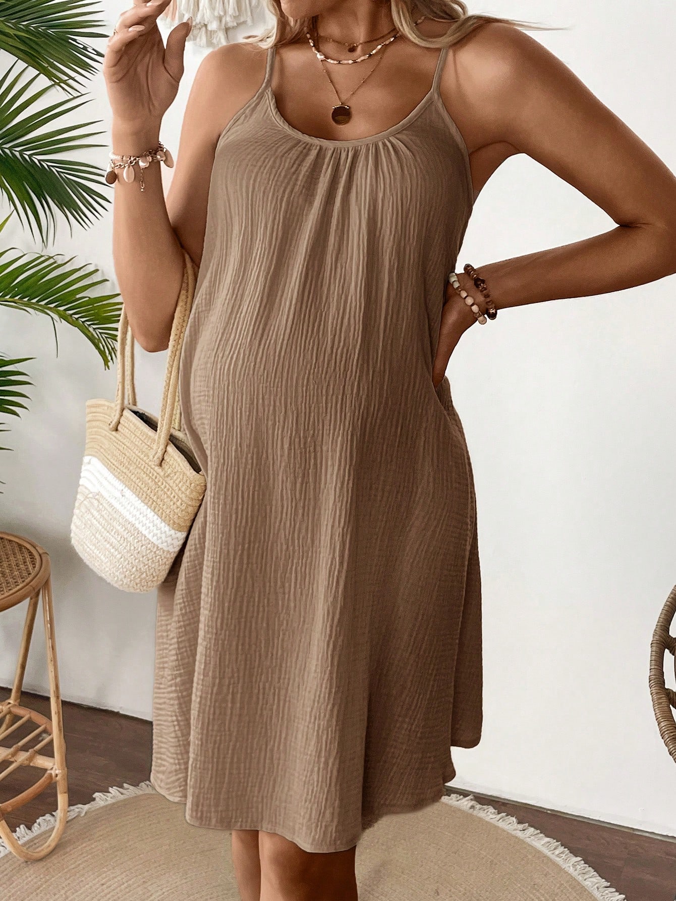 Gravid sommer casual ensfarget slyngekjole barselkjole for gravide