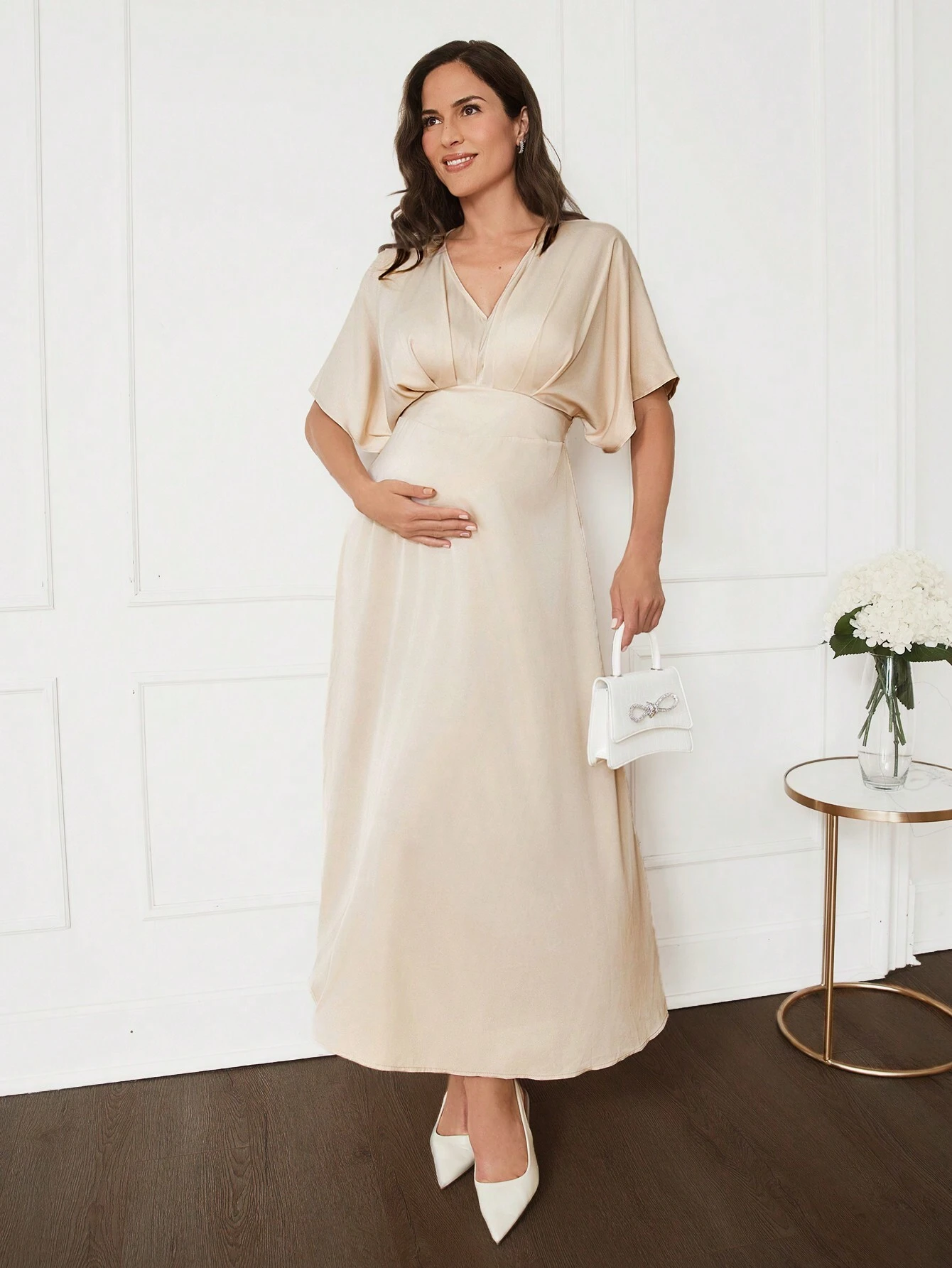 Elegant chiffongkjole for gravide, løs, uformell khakifarget kjole, til fest