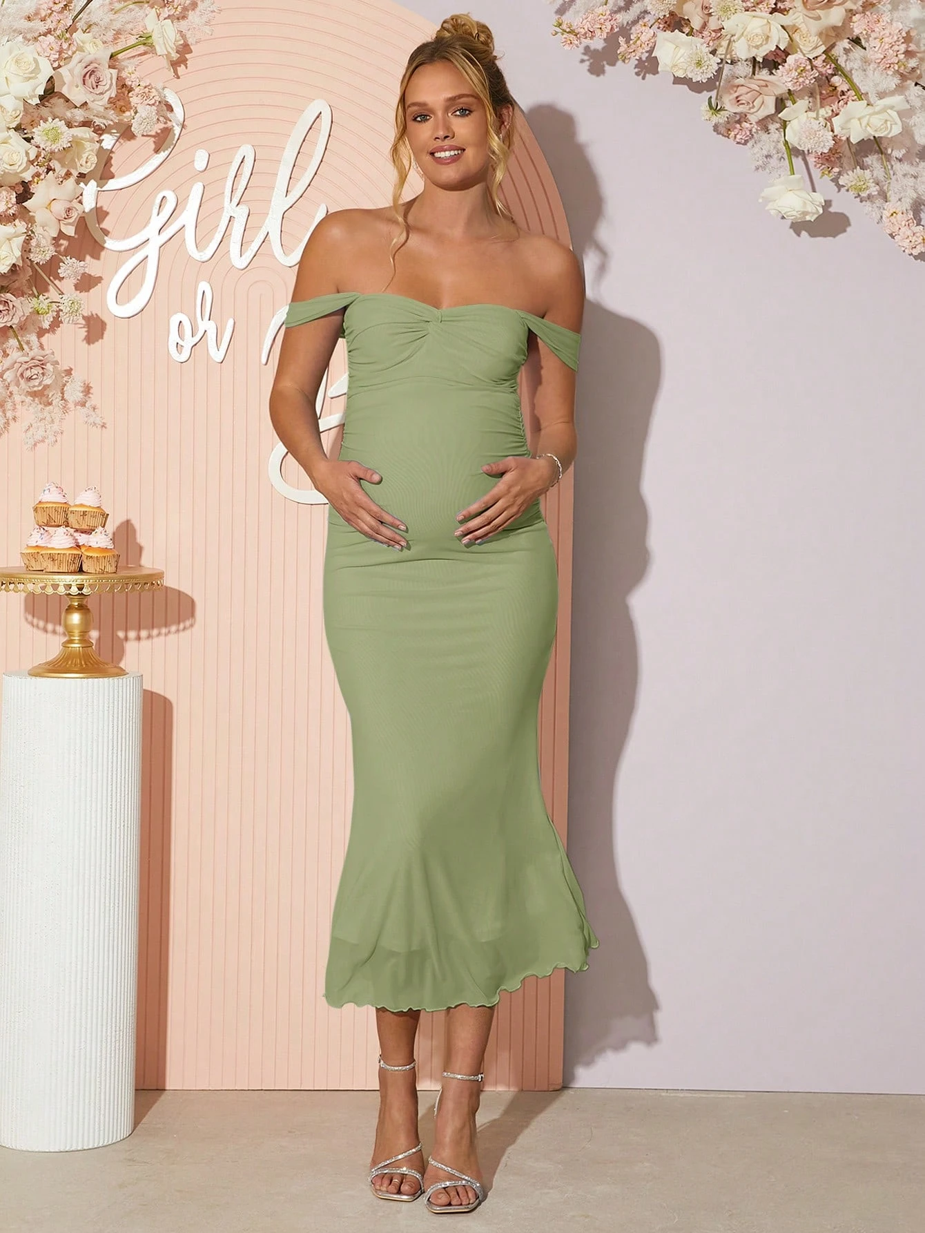 Rochie de maternitate fără umăr cu tiv plisat în coadă de pește, vară elegantă