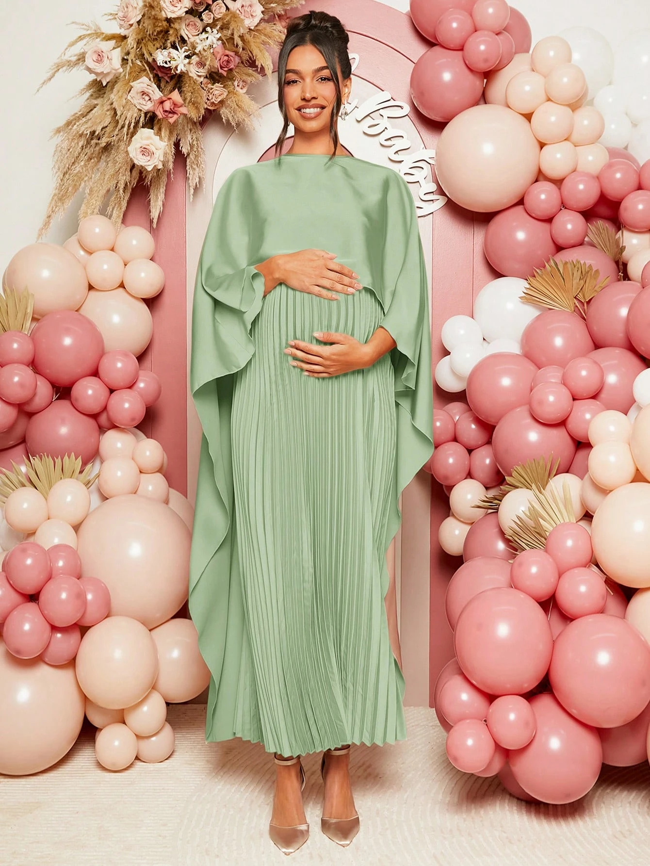 Femei gravide culoare solidă elegant plisat guler șal rochie rochie de maternitate