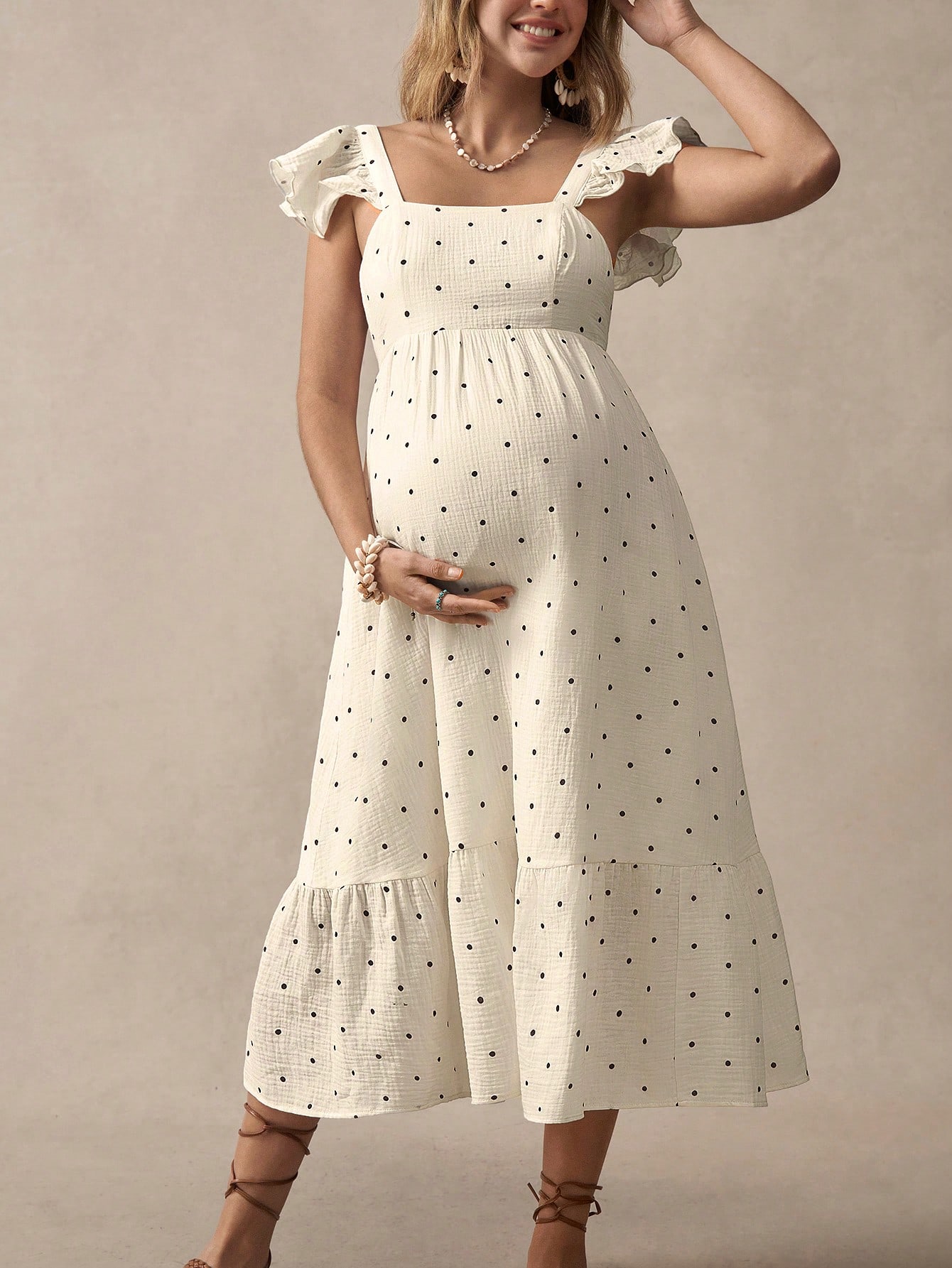 Boho mama gravidă femei casual gât pătrat cap maneca polka dot imprimare midi rochie rochie de maternitate