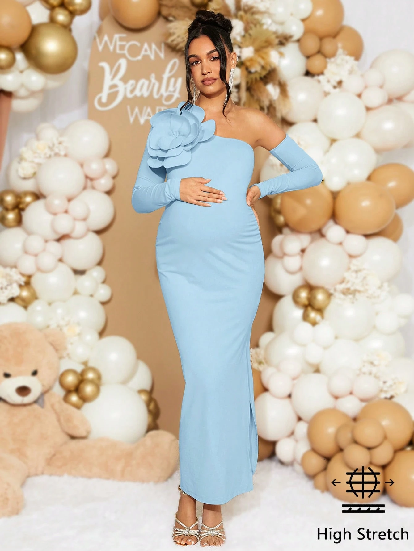 Femei gravide petrecere elegantă culoare solidă gât asimetric potrivit rochie cu decor floral 3d, pentru duș de copil, rochie de maternitate