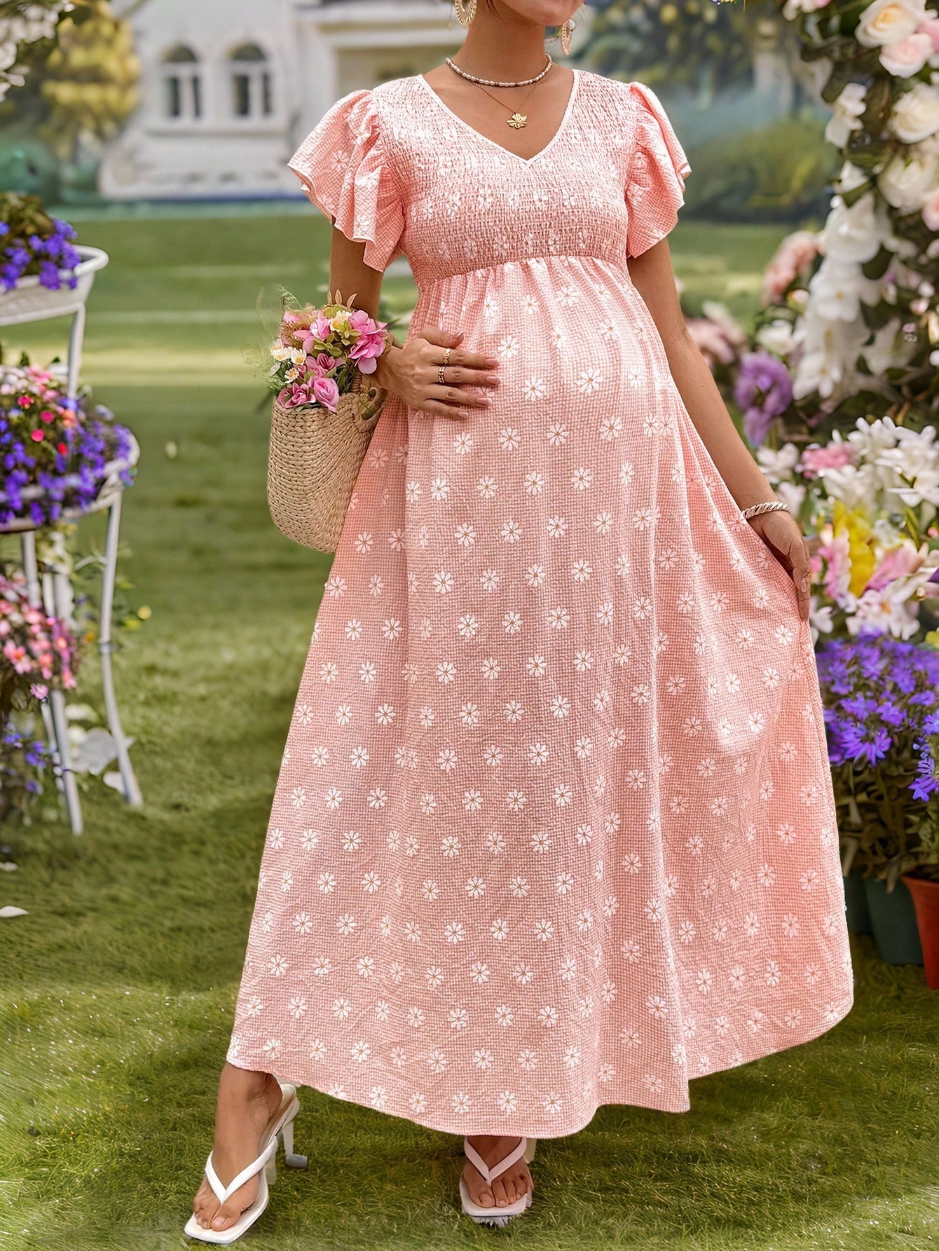Gravidkjole med ditsy blomster, lang kjole for ferie, uformell solkjole, boho