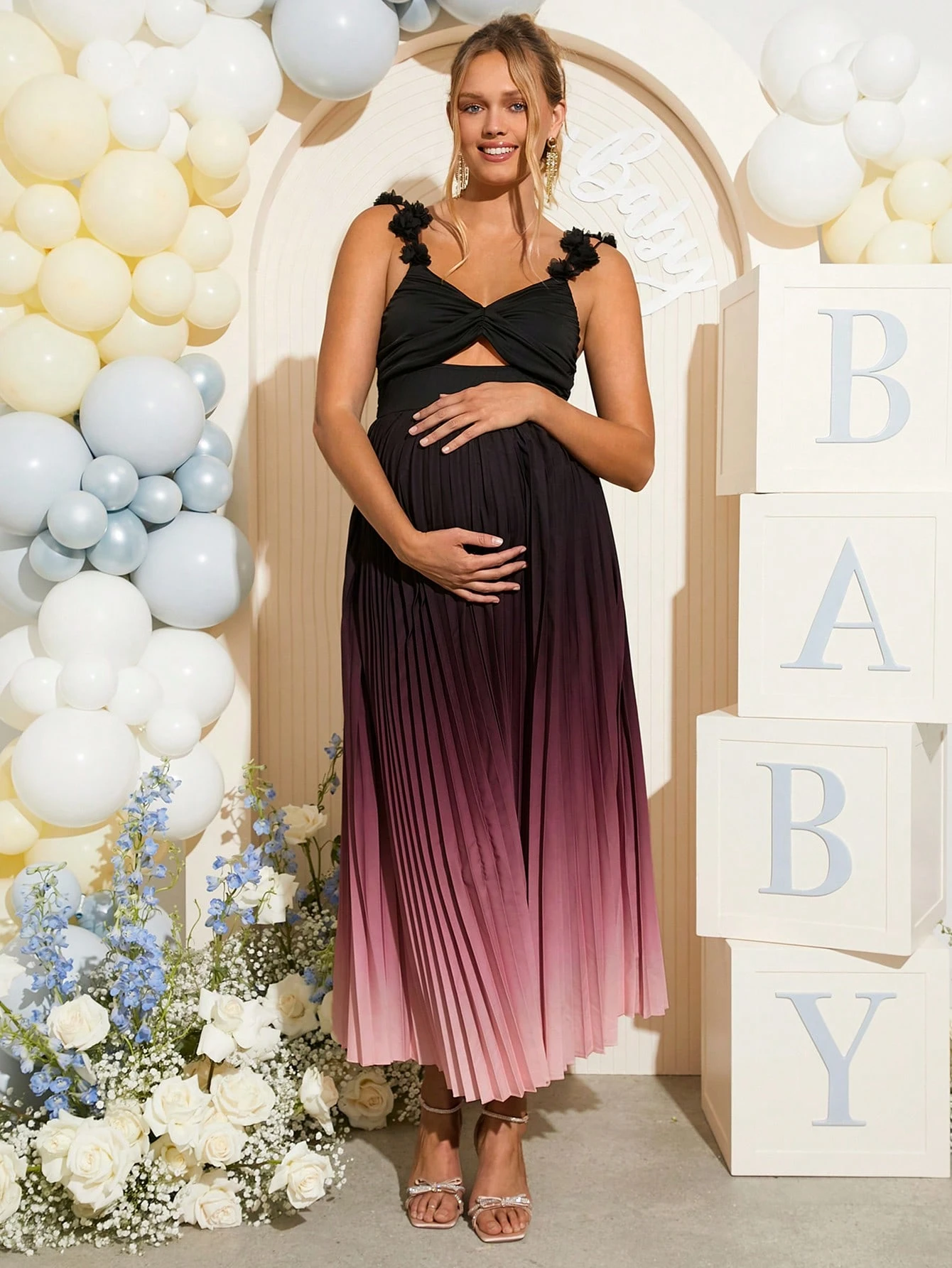 Elegant festkjole med hule plisseringer for gravide kvinner, kjole for å avsløre kjønn, kjole til babyshower, barselkjole