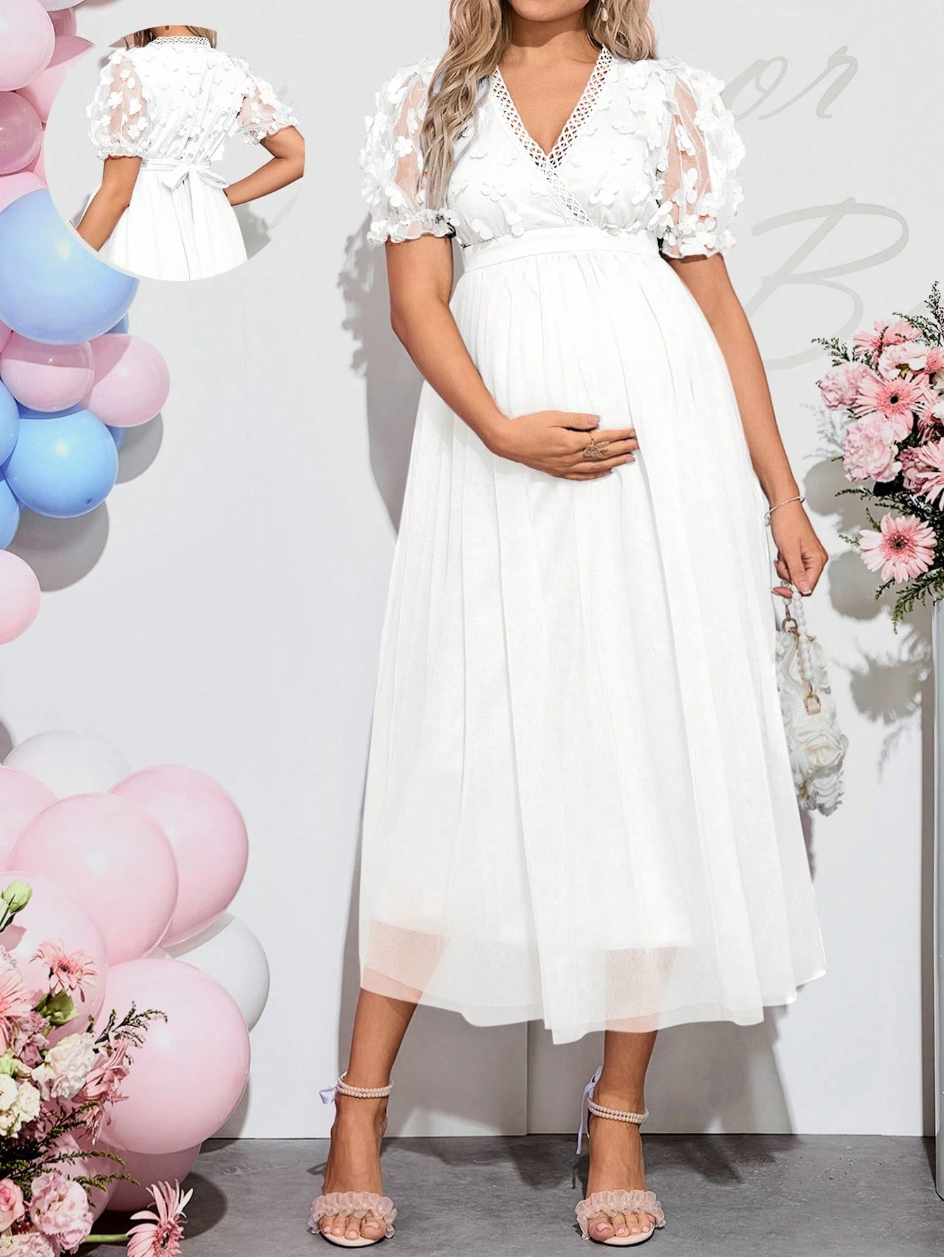 Gender reveal dress maternitate v-neck sheer mesh contrast rochie cu mânecă scurtă, perfectă pentru vacanță petrecere baby shower