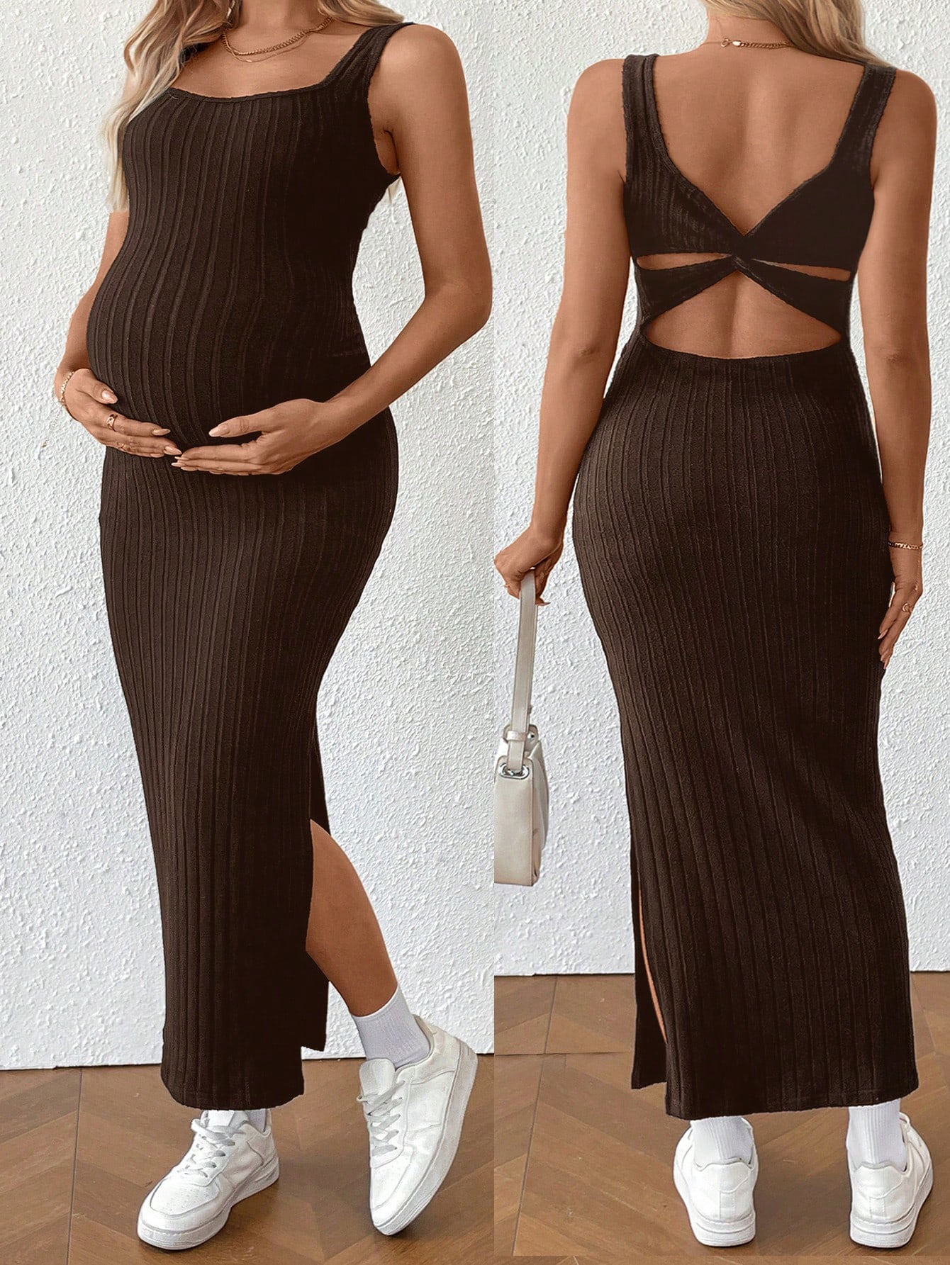 Gravid sommer casual ensfarget bodycon-kjole uten ermer med snodd rygg barselkjole