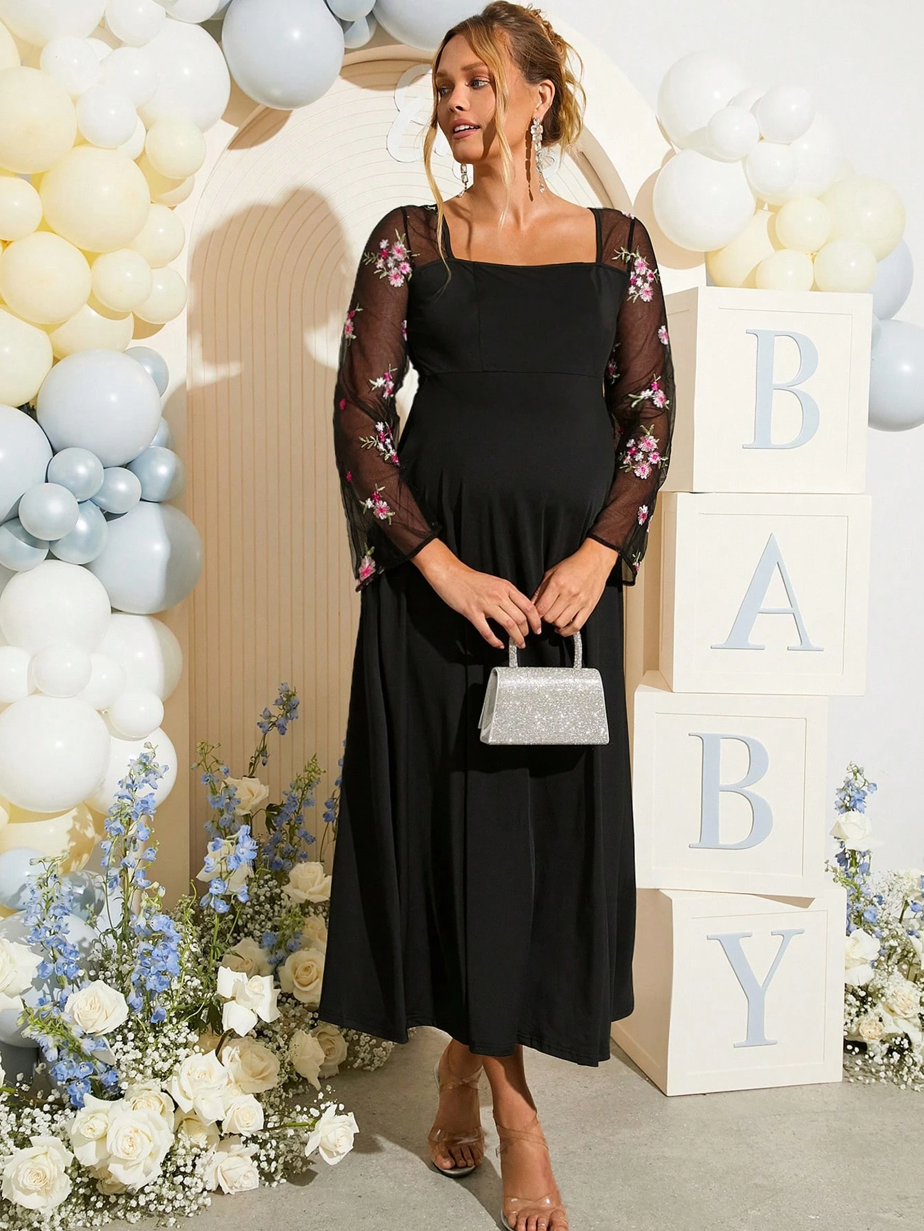 Rochie de vară elegantă cu mâneci transparente cu broderie florală pentru maternitate, pentru petrecerea baby shower