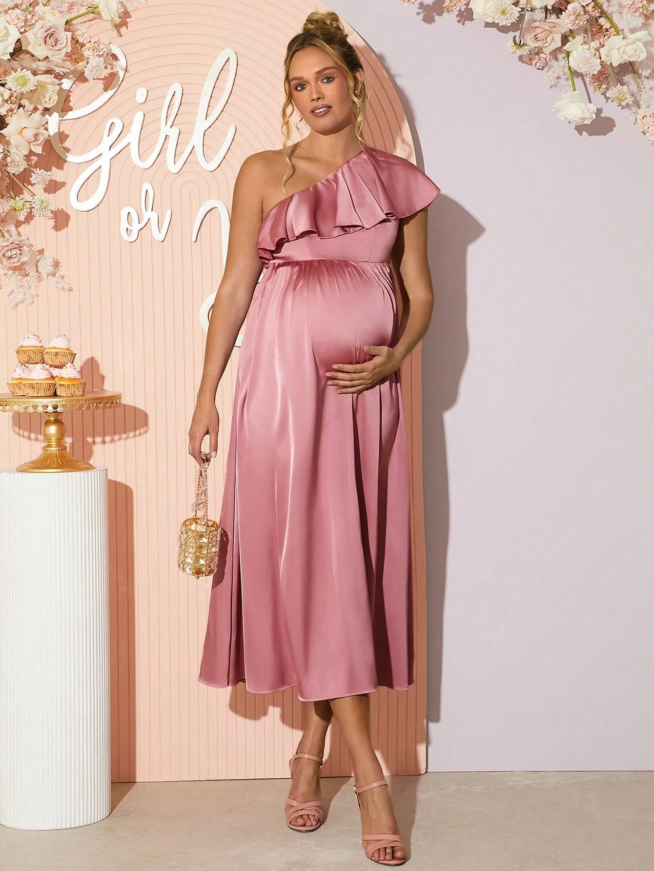 Elegant guler asimetric culoare solidă rochie de petrecere de maternitate, sex dezvăluie rochie, rochie de duș pentru copii, rochie de maternitate