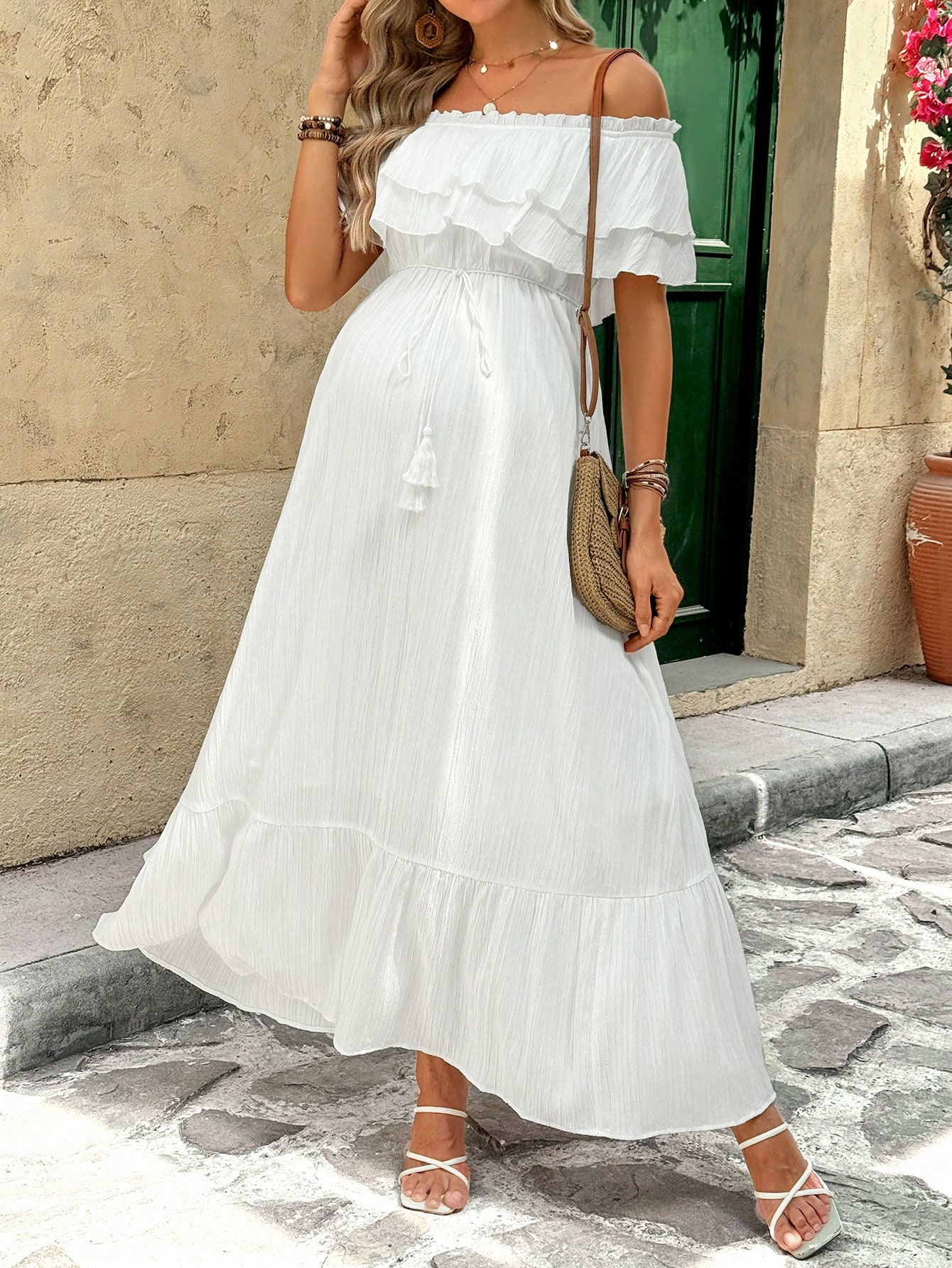 Femei însărcinate vacanță culoare solidă volan off shoulder rochie elegantă volan rochie albă femei rochie maxi rochie de vacanță femei rochie de vară rochie albă femei rochie albă femei vacanță de vară rochie albă de absolvire rochie de maternitate