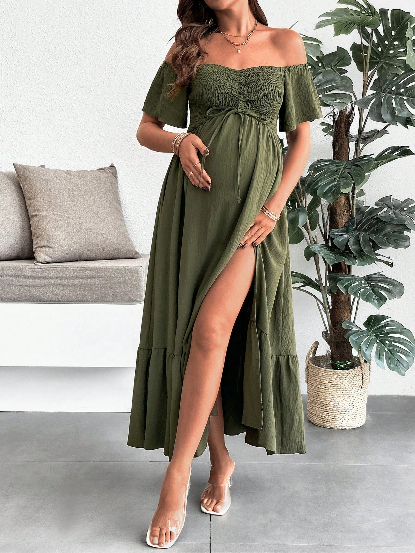 Femeile gravide de culoare solidă cravată față off umăr rochie casual rochie de maternitate pentru vacanță