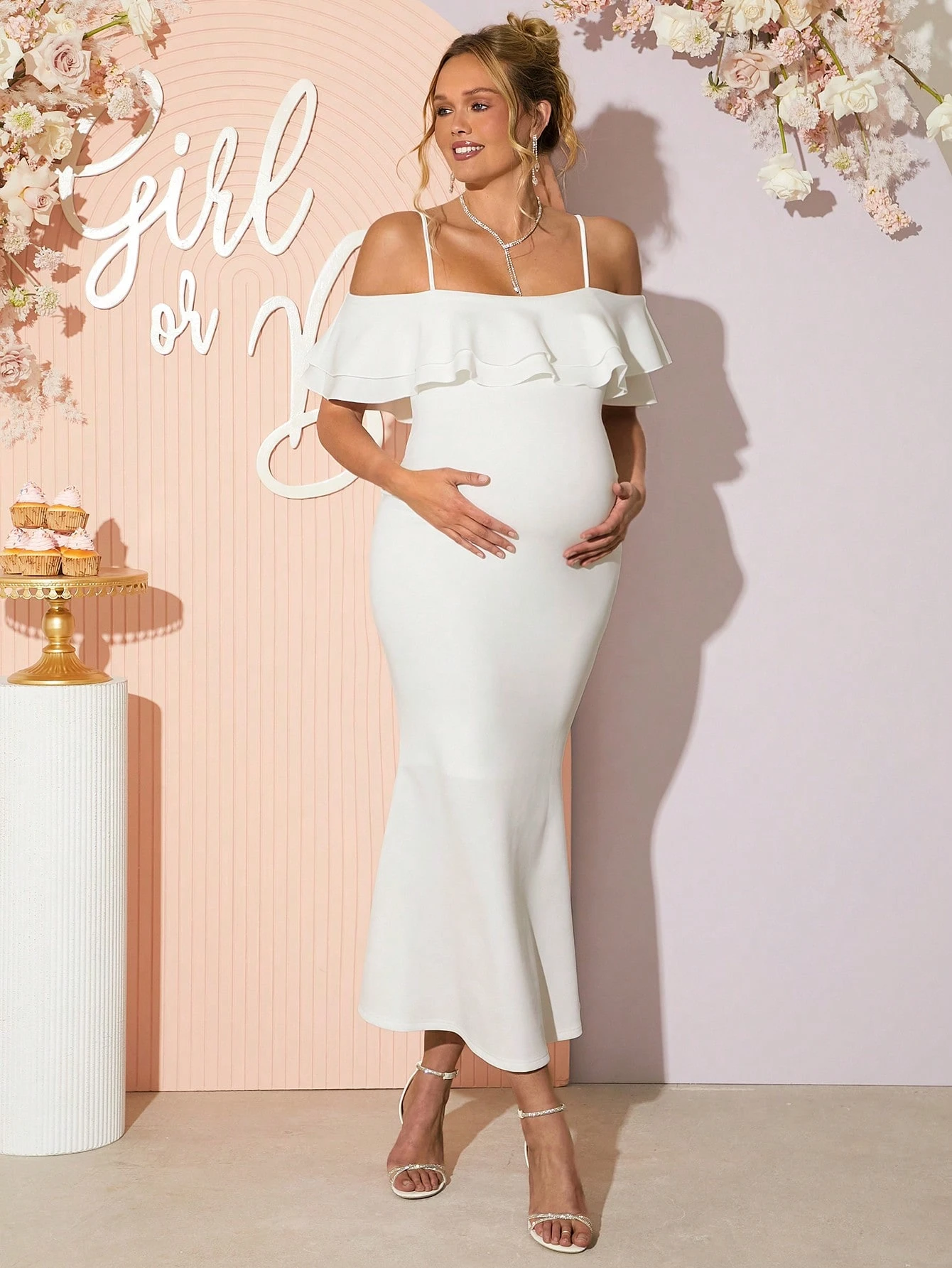 Enfarget kjole uten skulder, enkel og moteriktig, passer til sommeren, kjønnsavsløringskjole, baby shower-kjole, barselkjole