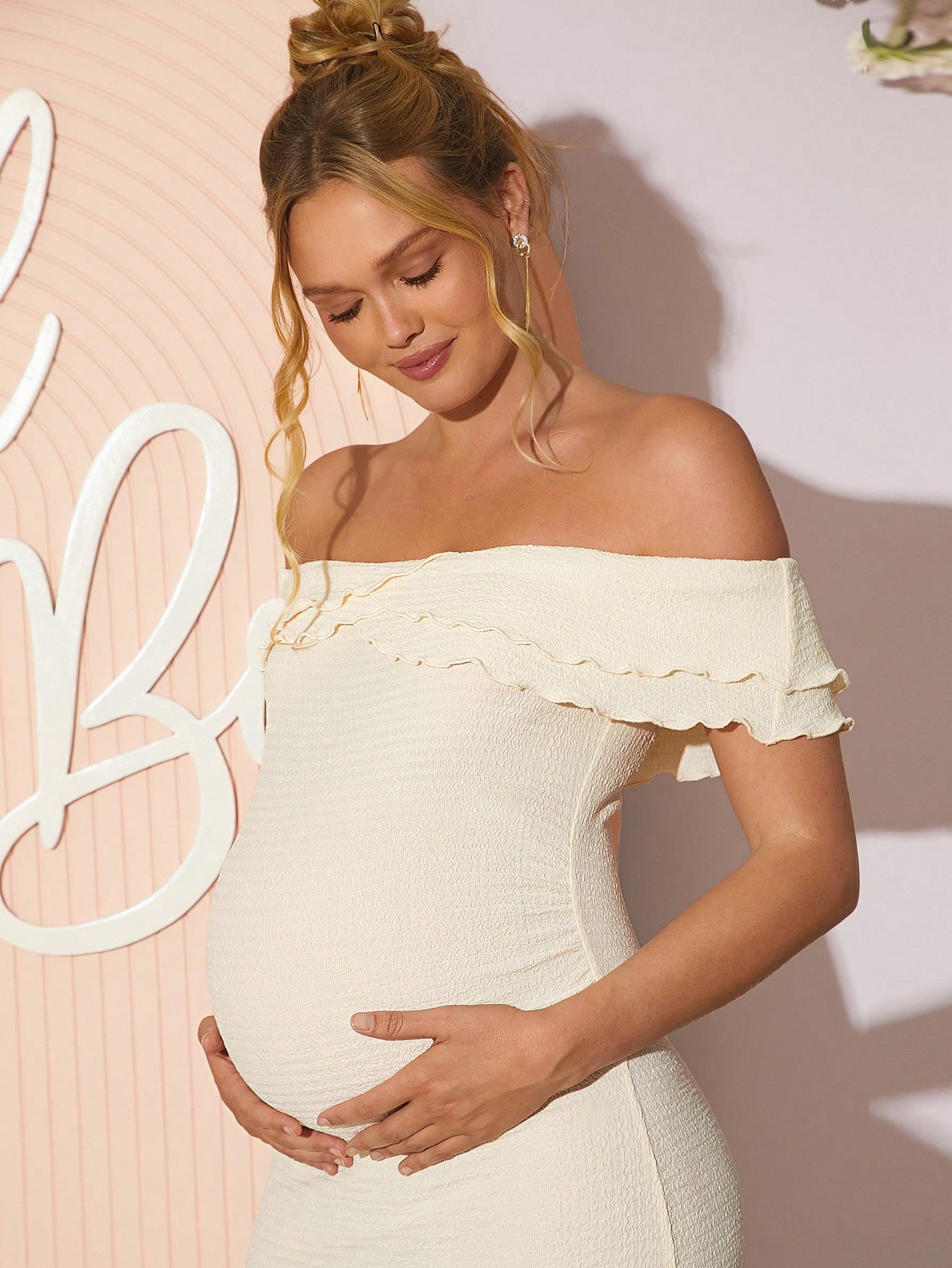 Rochie elegantă cu volane de culoare solidă pentru maternitate, rochie slim fit, rochie pentru dezvăluirea sexului, rochie pentru petrecerea bebelușului, rochie pentru maternitate