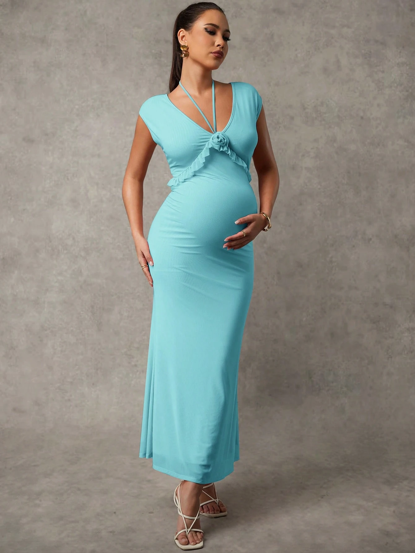 Rochie de maternitate elegantă pentru femei gravide de culoare solidă 3d cu flori și volane, de vară