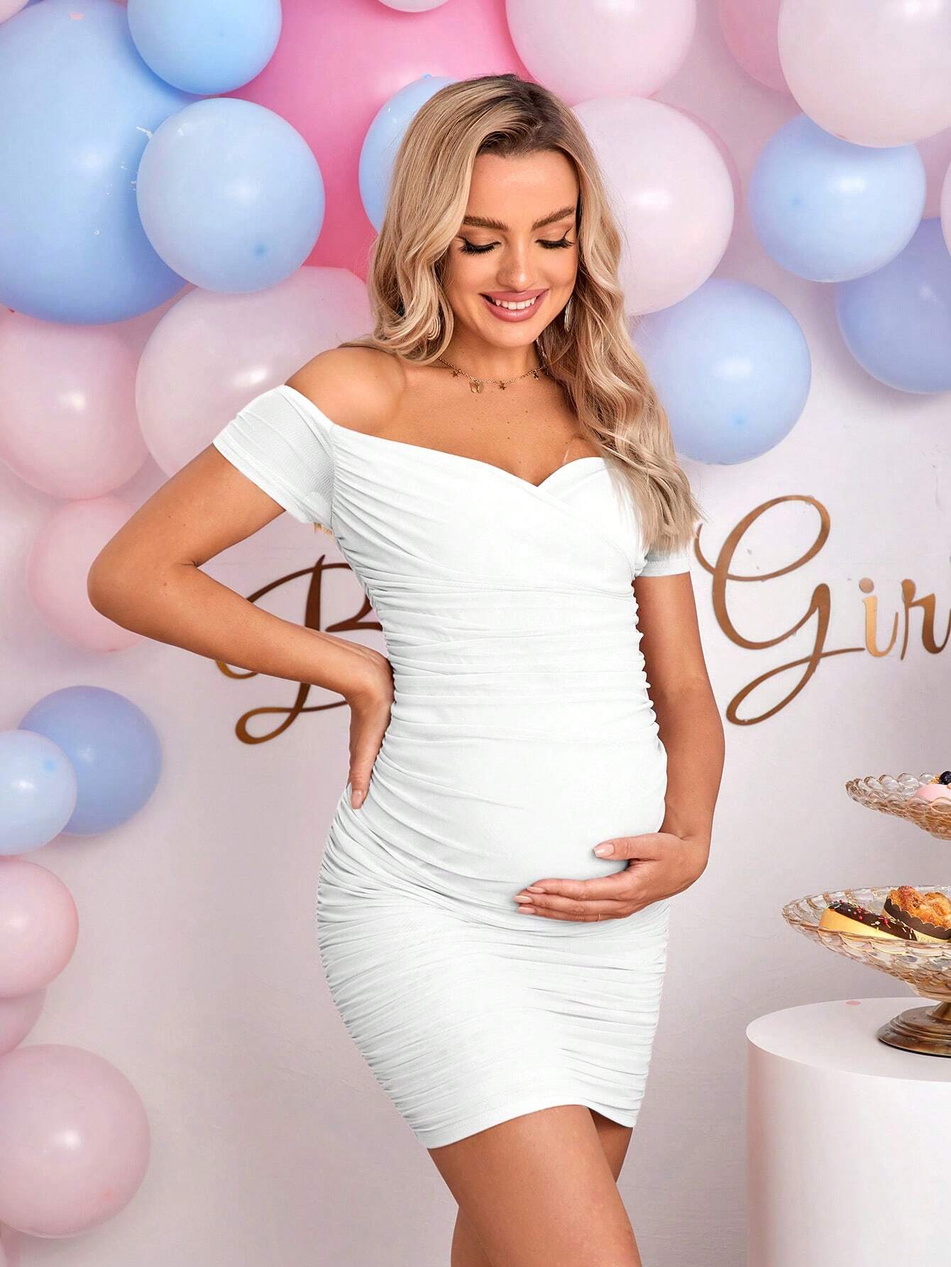 Gender reveal dress barselkjole barselkjole med rynkete skuldre bodycon-kjole baby shower dress