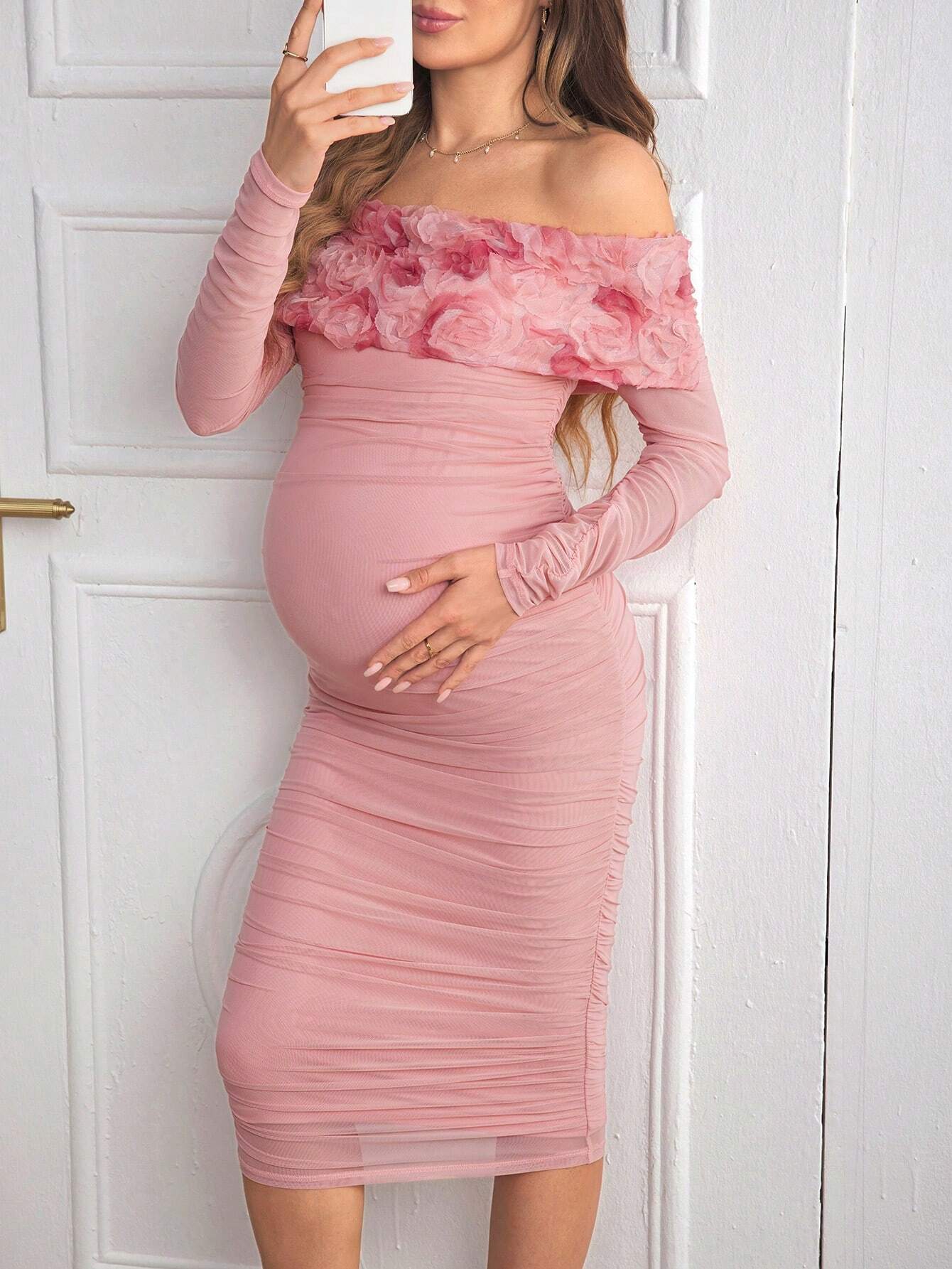 Rochie bodycon încrețită fără umeri pentru maternitate, rochie lungă elegantă pentru petreceri, roz