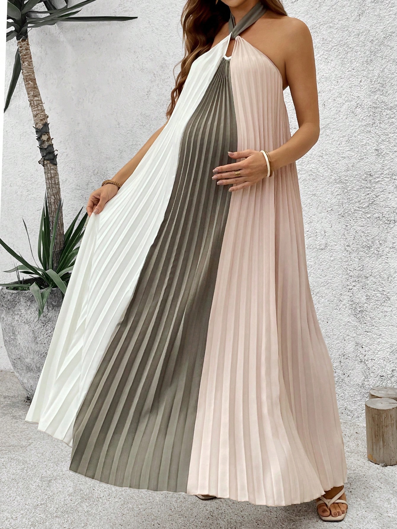 Rochie pentru gravide deschisă la spate cu gât halter colorblock rochie plisată