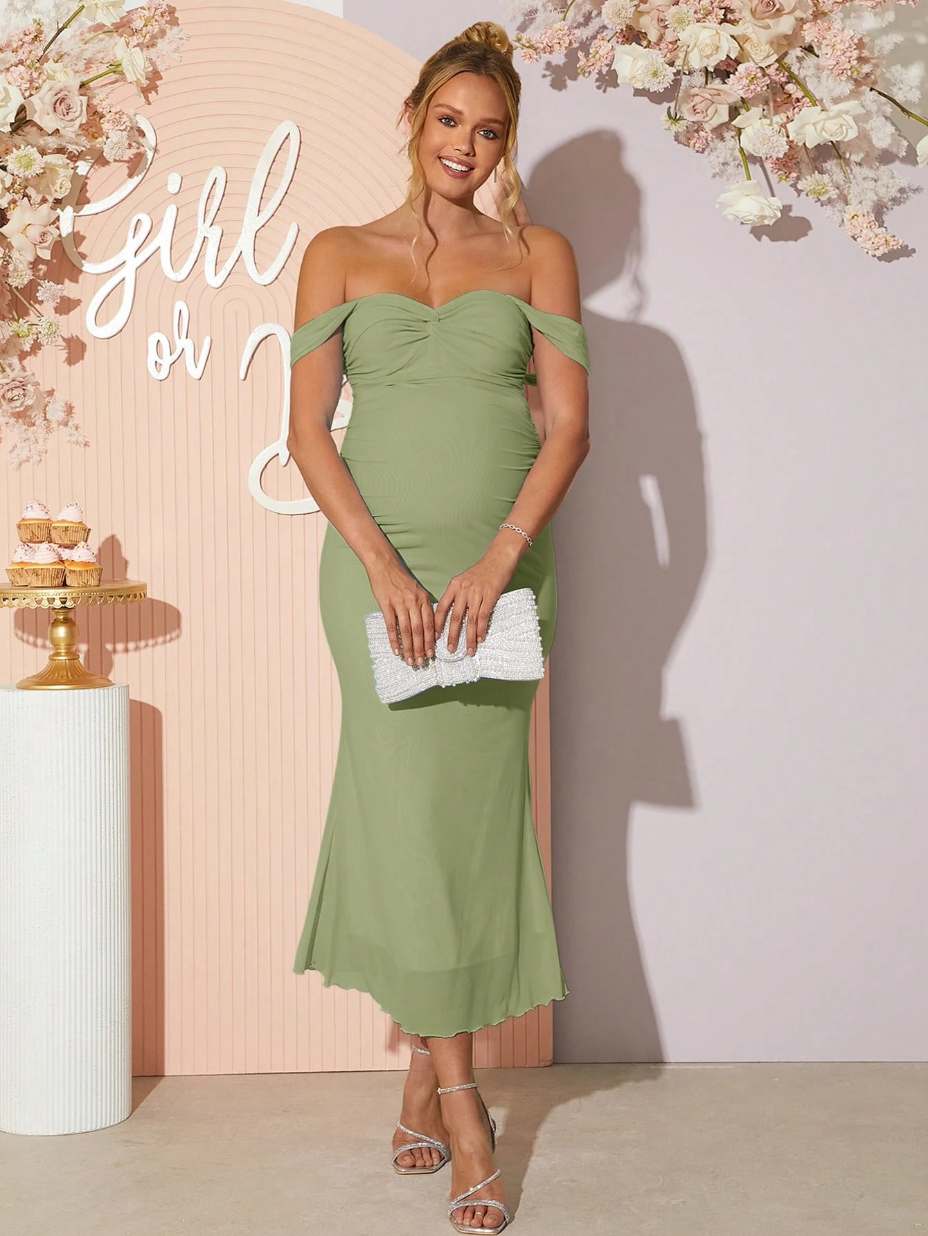 Rochie de maternitate fără umăr cu tiv plisat în coadă de pește, vară elegantă