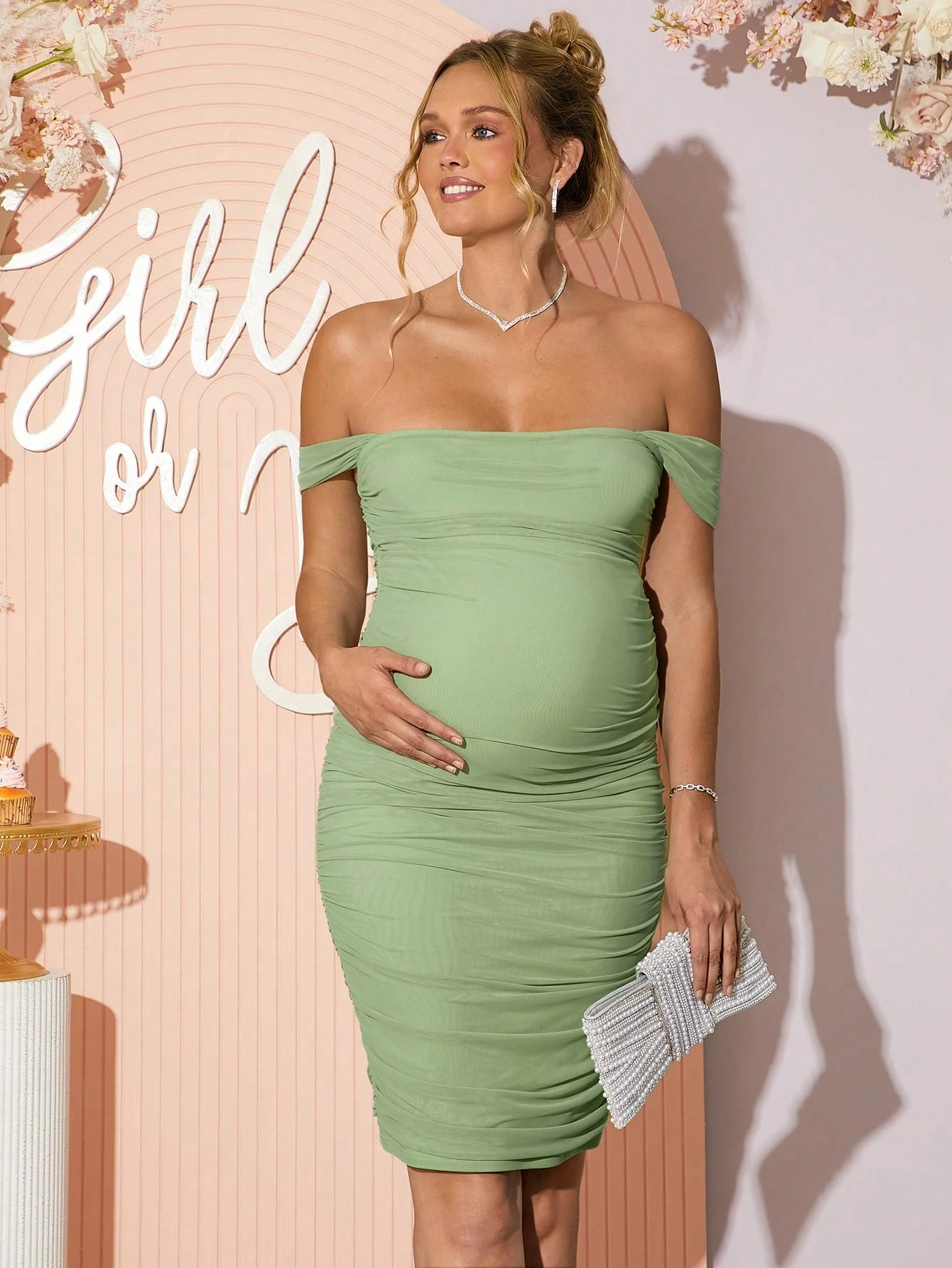 Rochie a-line de maternitate fără umeri de culoare solidă, simplă și elegantă pentru vară, rochie gender reveal, rochie baby shower, rochie de maternitate