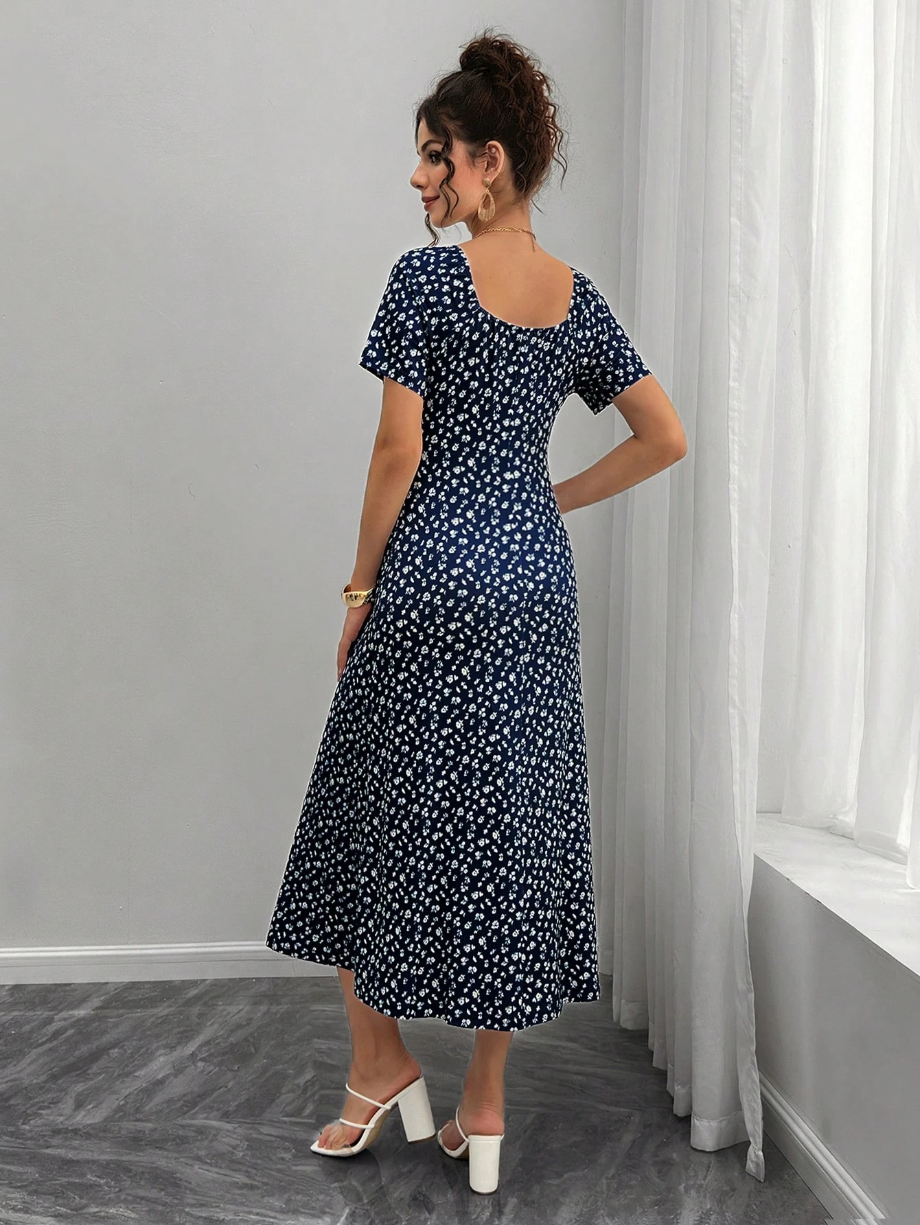 Kismama ditsy virágos virágos nyakkendő elöl rövid ujjú elegáns ruha a nyaraláshoz