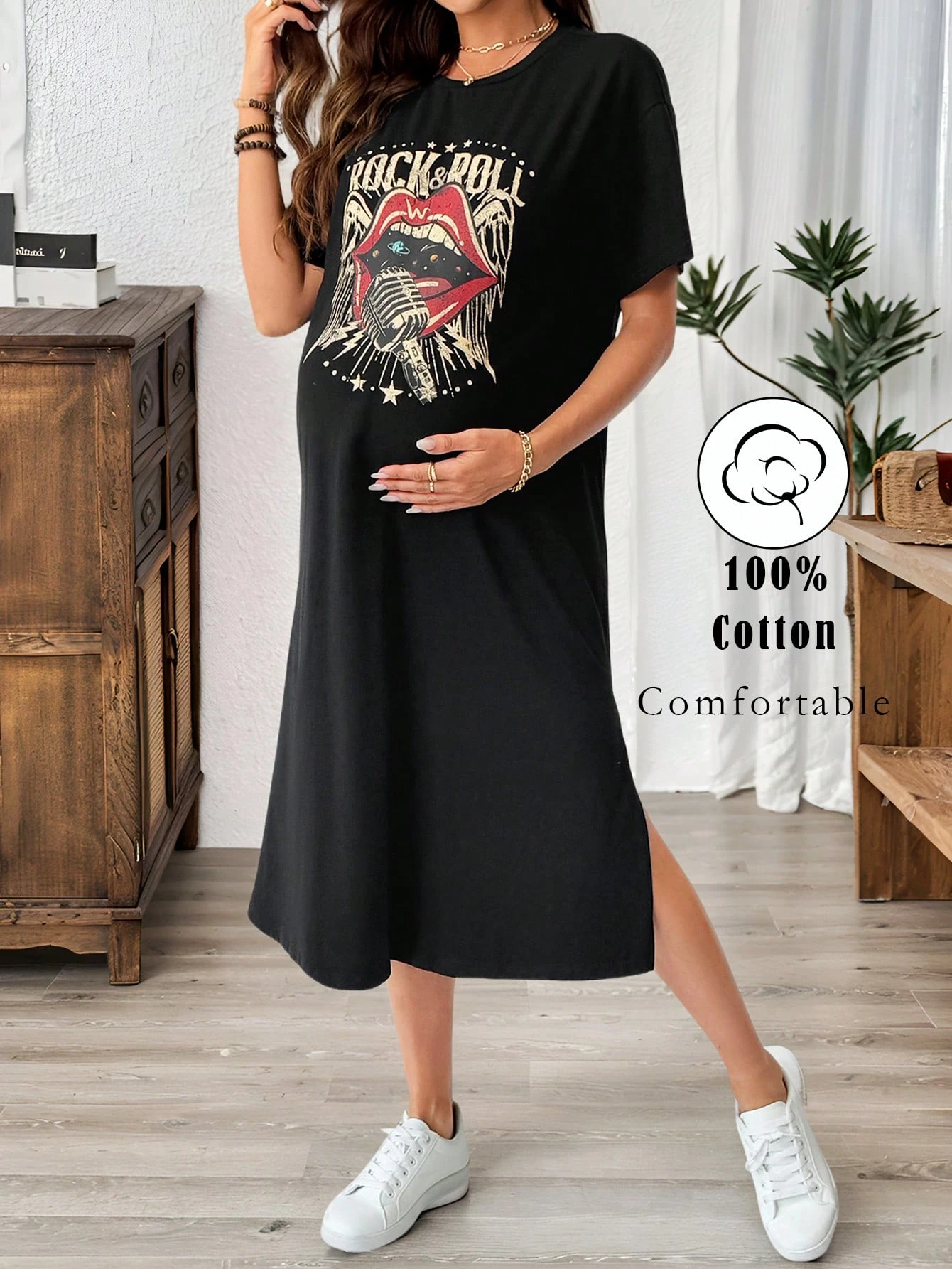 Rochie pentru gravide cu imprimeu de litere și buze, gât rotund, mânecă scurtă, rochie de tricou casual