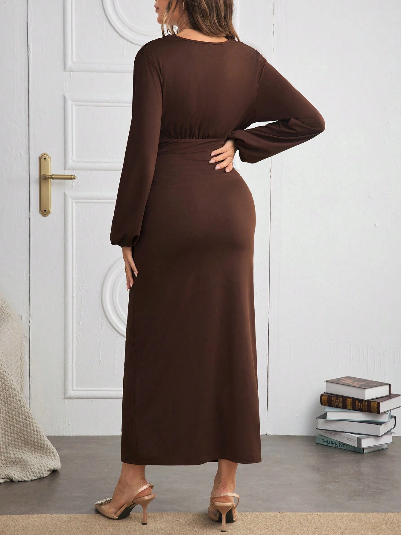 Maternitate baby shower rochie pentru femei cu mâneci de culoare solidă cu decolteu în V rochie plisată