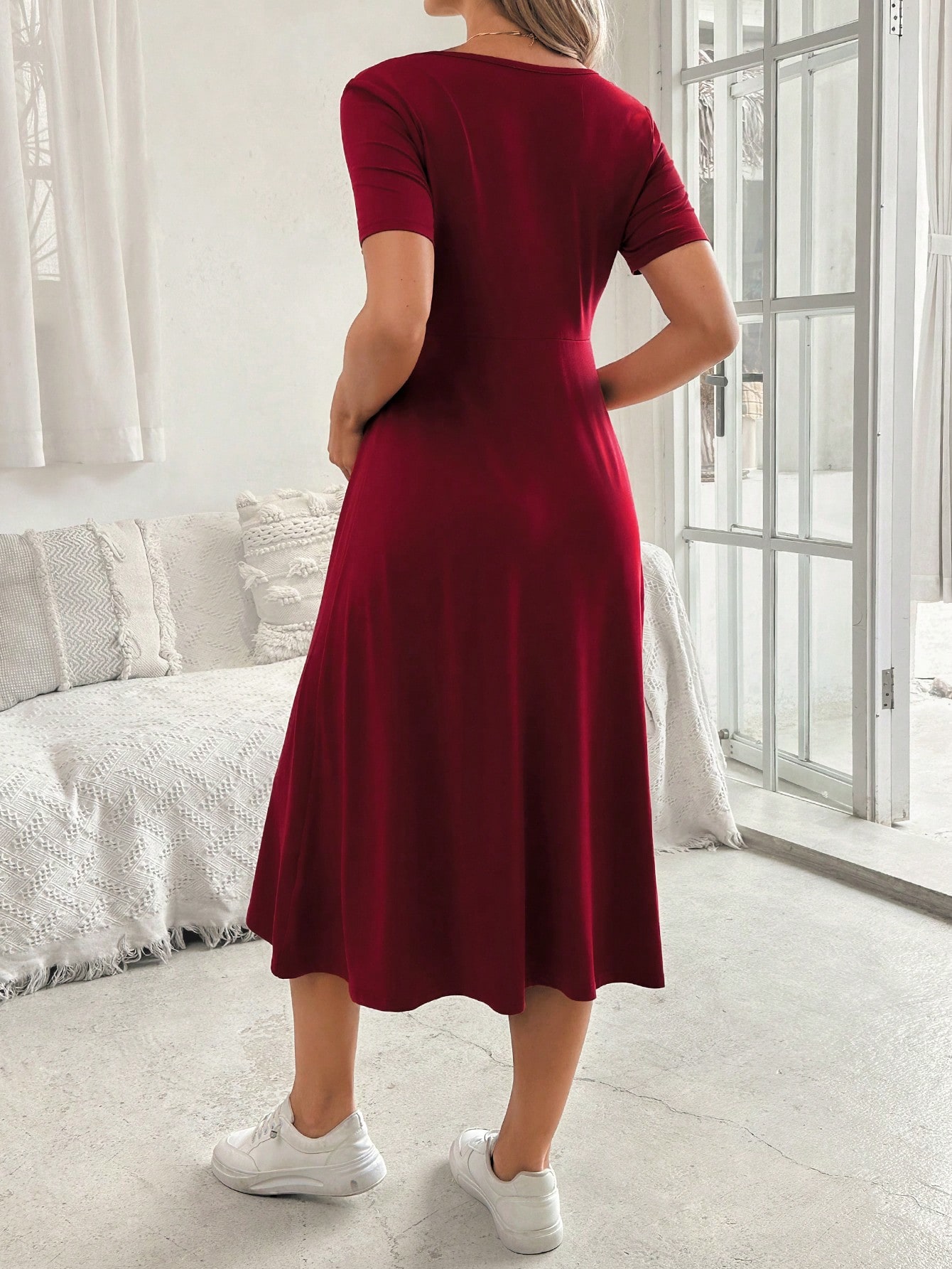 Femei elegant v-neck cu mânecă scurtă a-line buton decor rochie de maternitate pentru vara