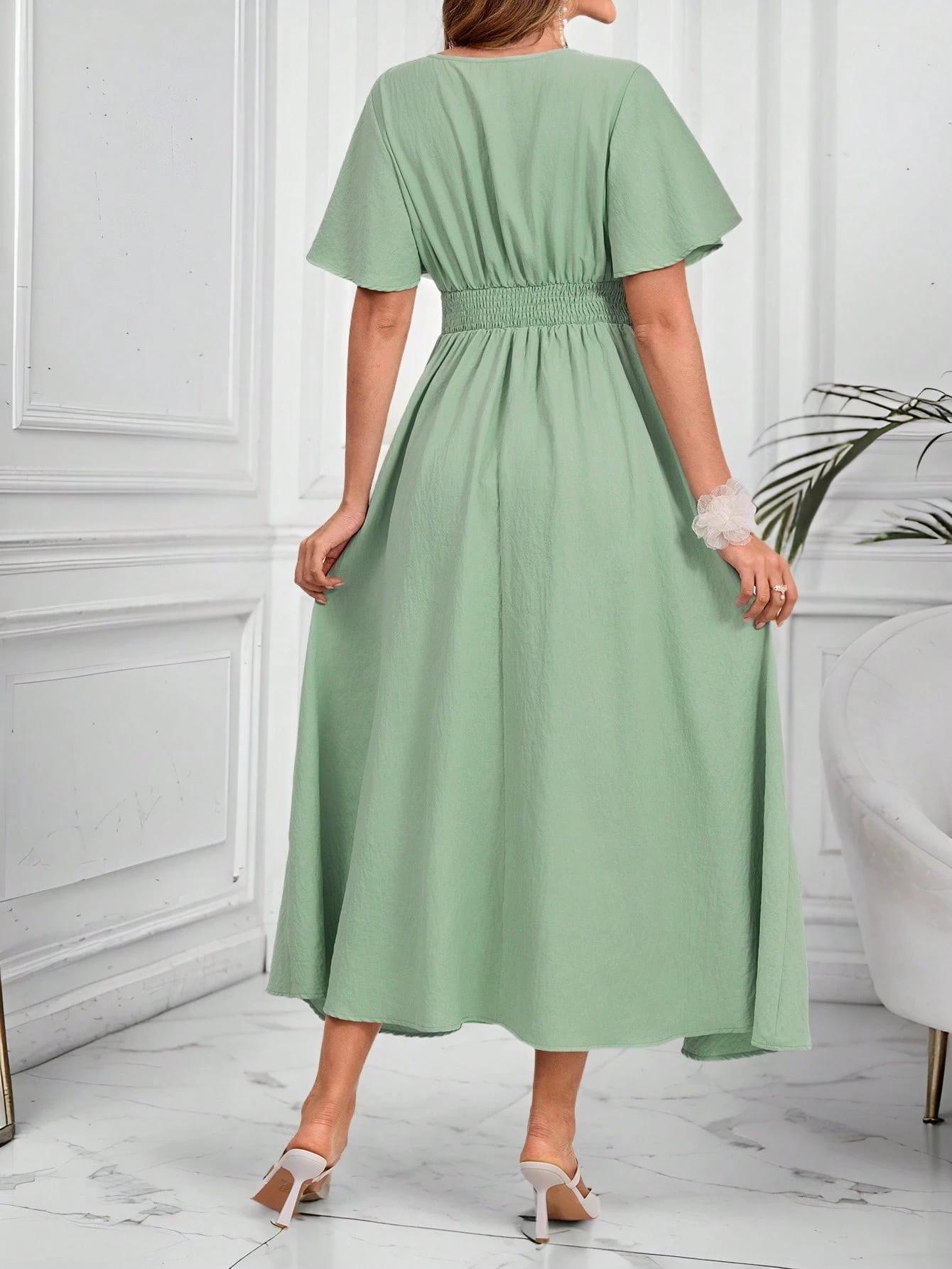 Rochie de maternitate elegantă cu mânecă scurtă, cu volane și decolteu în V, de culoare solidă, pentru femei însărcinate